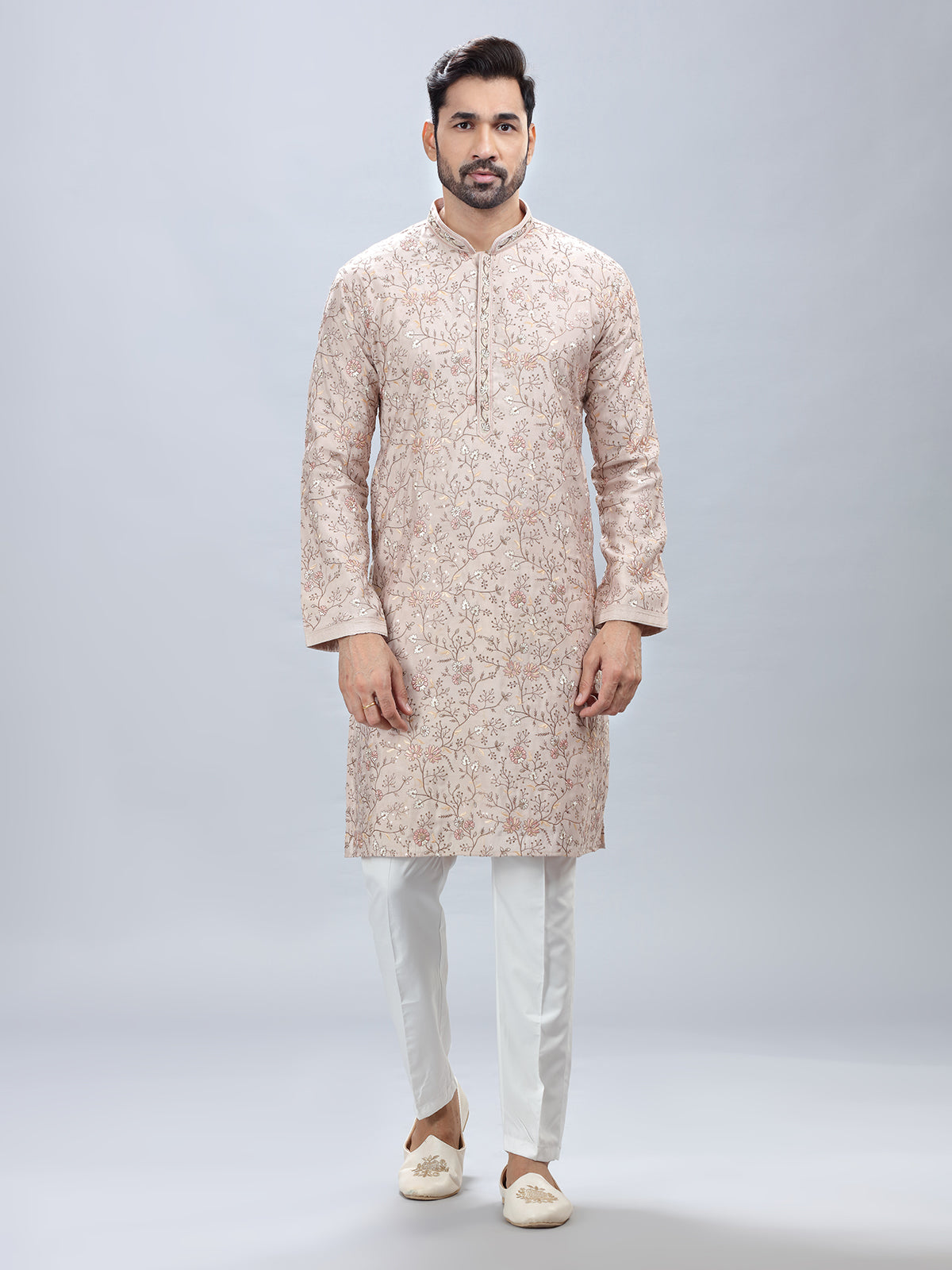 Beige shade cotton silk kurta set for men