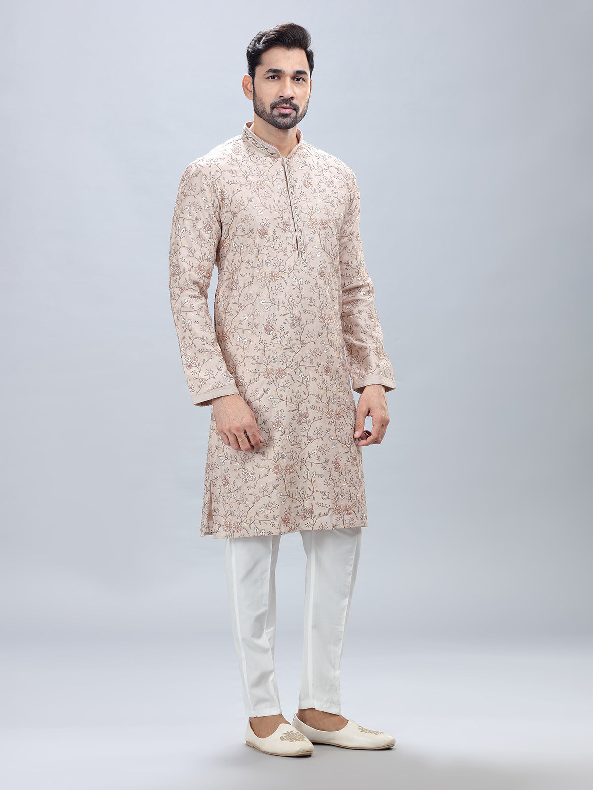 Beige shade cotton silk kurta set for men