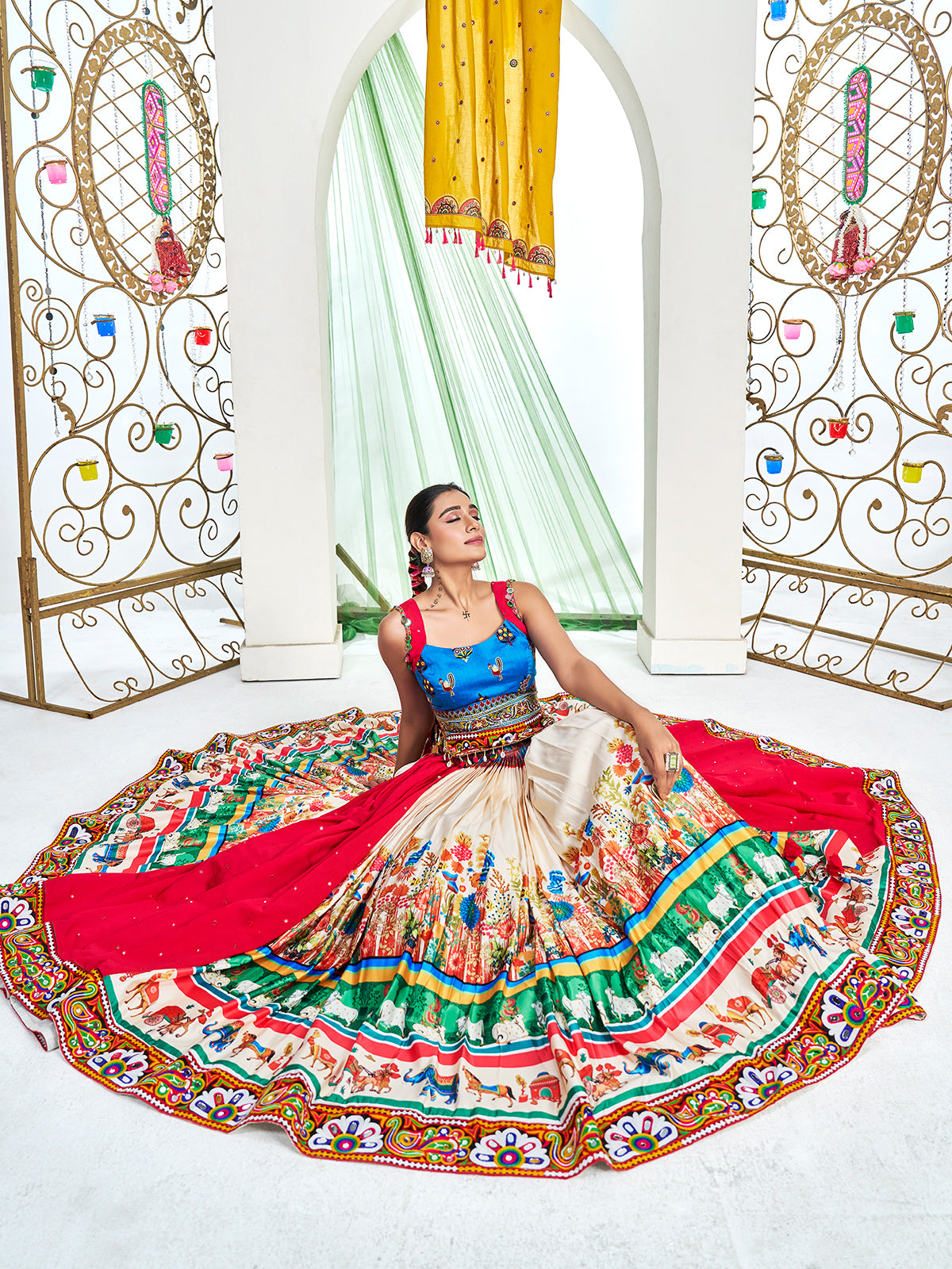 Beige silk navratri lehenga choli with print