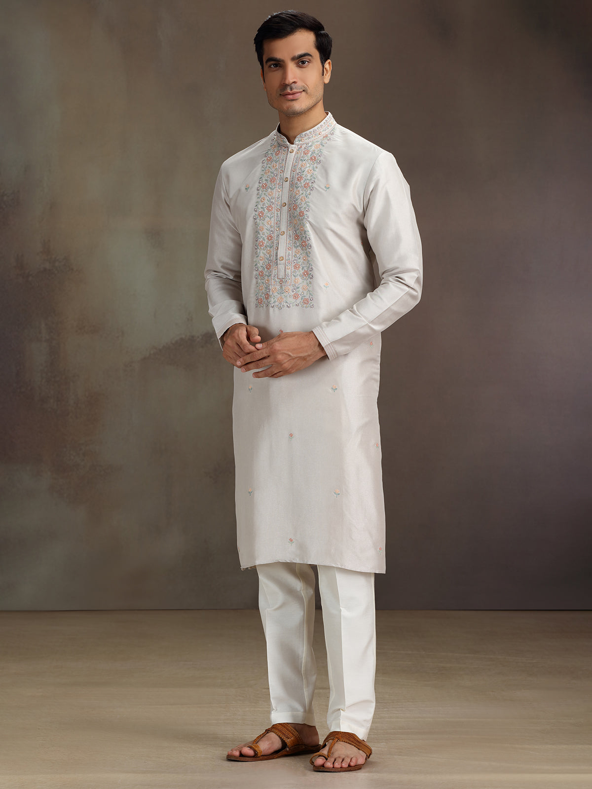 Beige silk sequined work kurta suit for festive