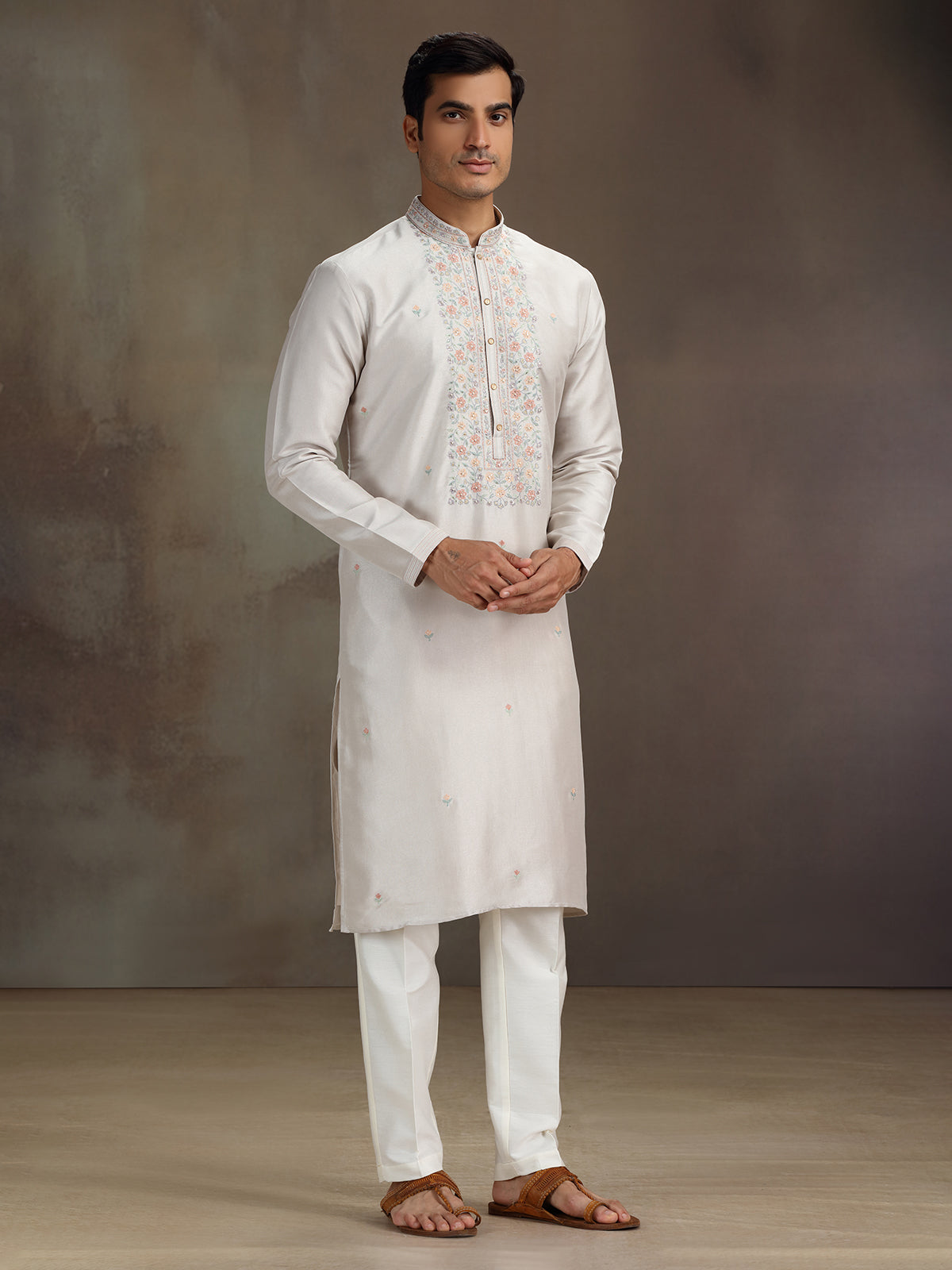 Beige silk sequined work kurta suit for festive