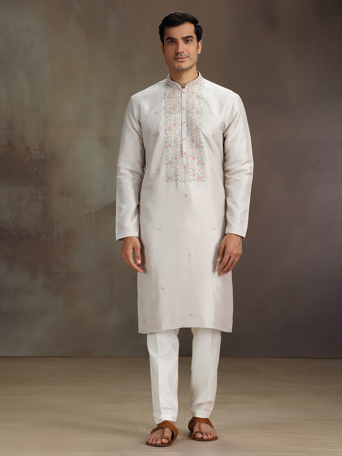 Beige silk sequined work kurta suit for festive
