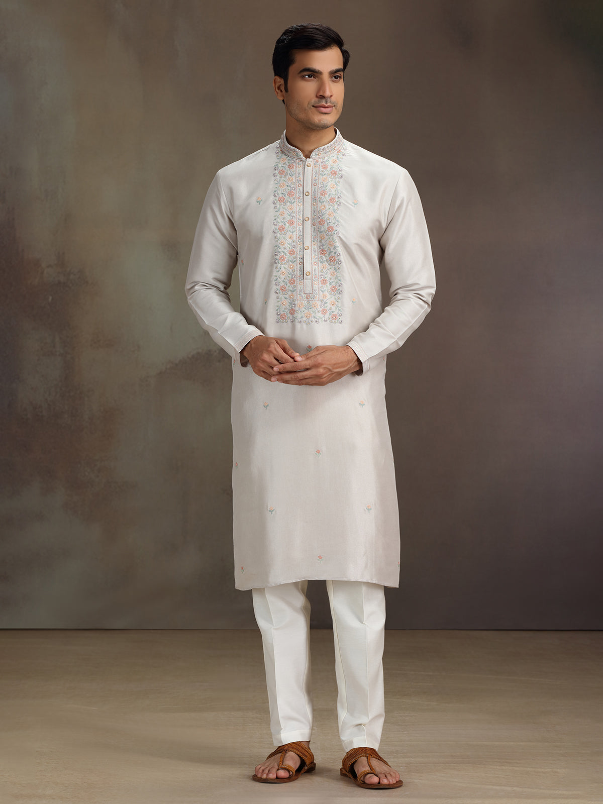 Beige silk sequined work kurta suit for festive