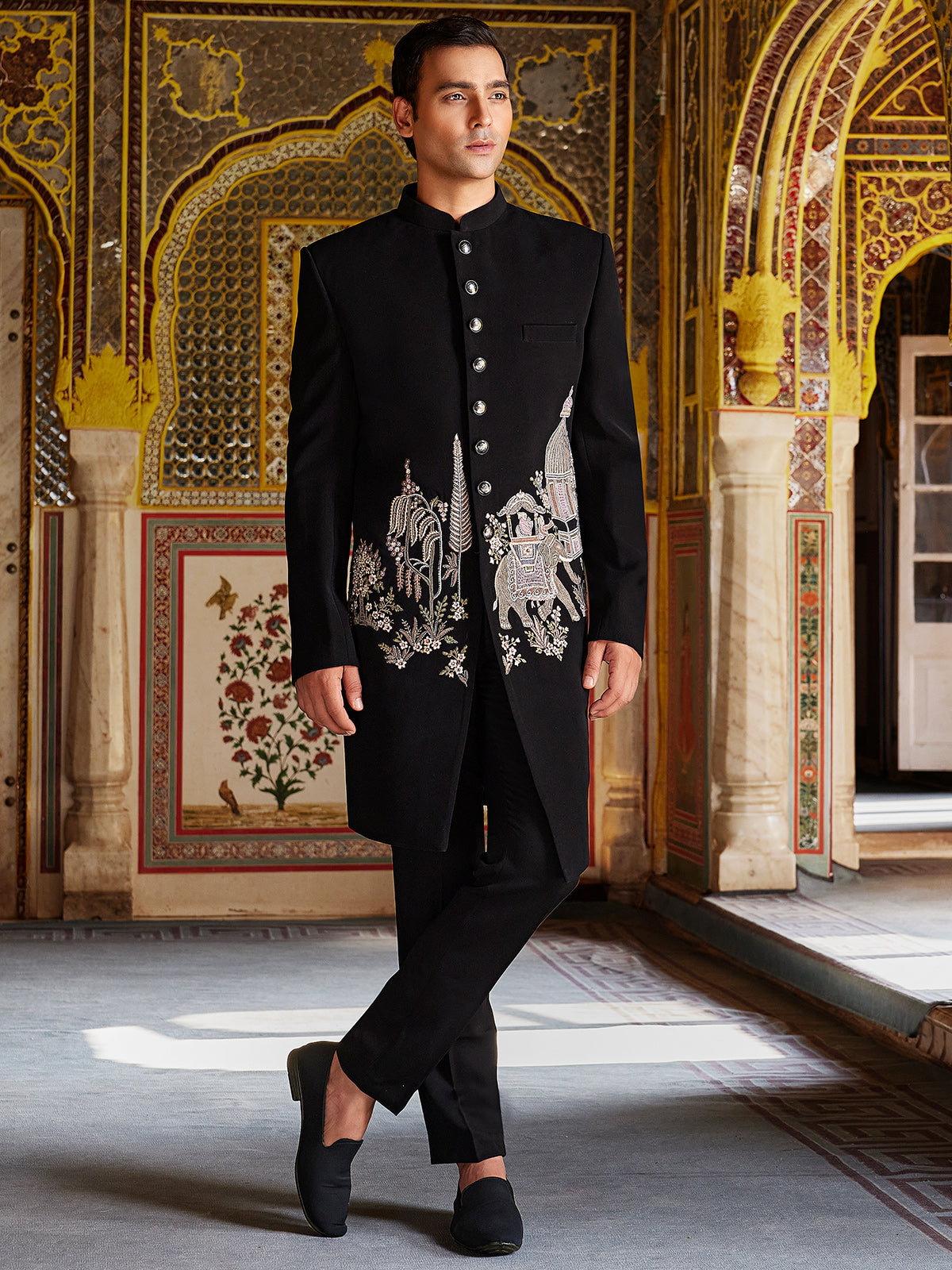 Black all time classy terry rayon indo western for men