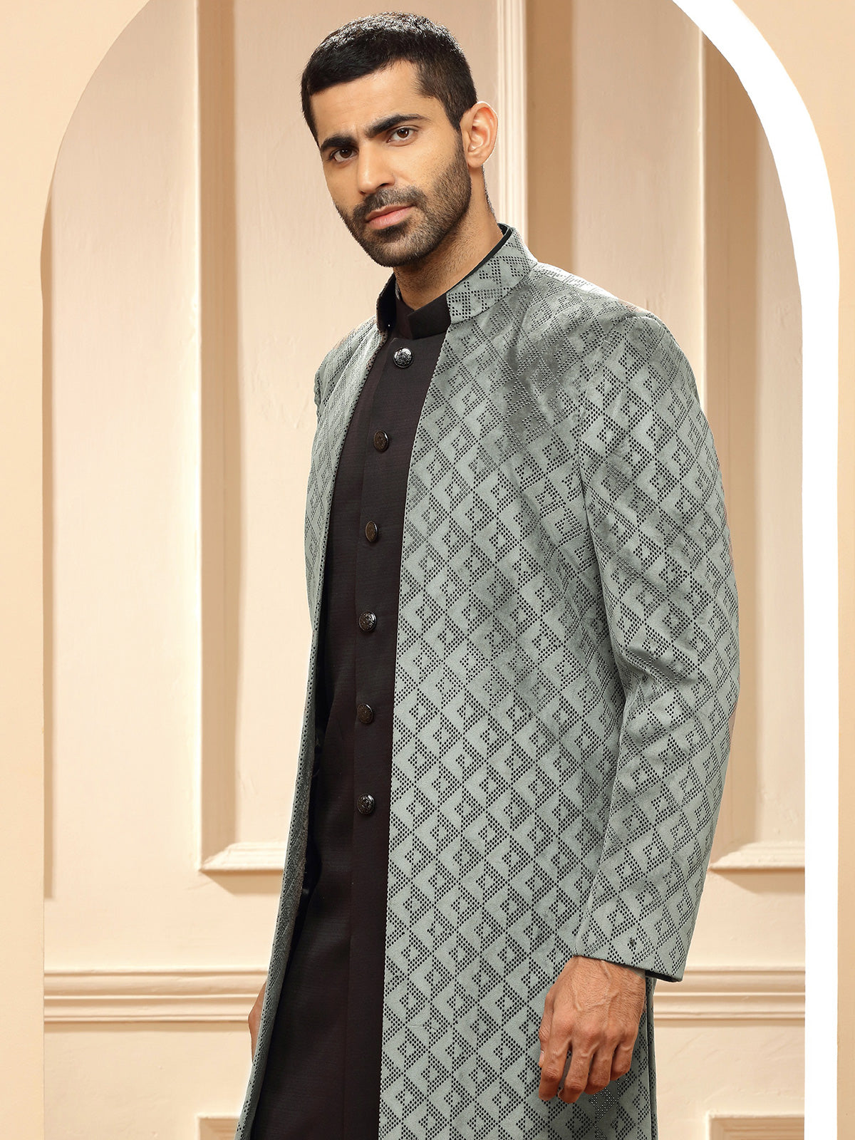 Black and grey terry rayon indowestern
