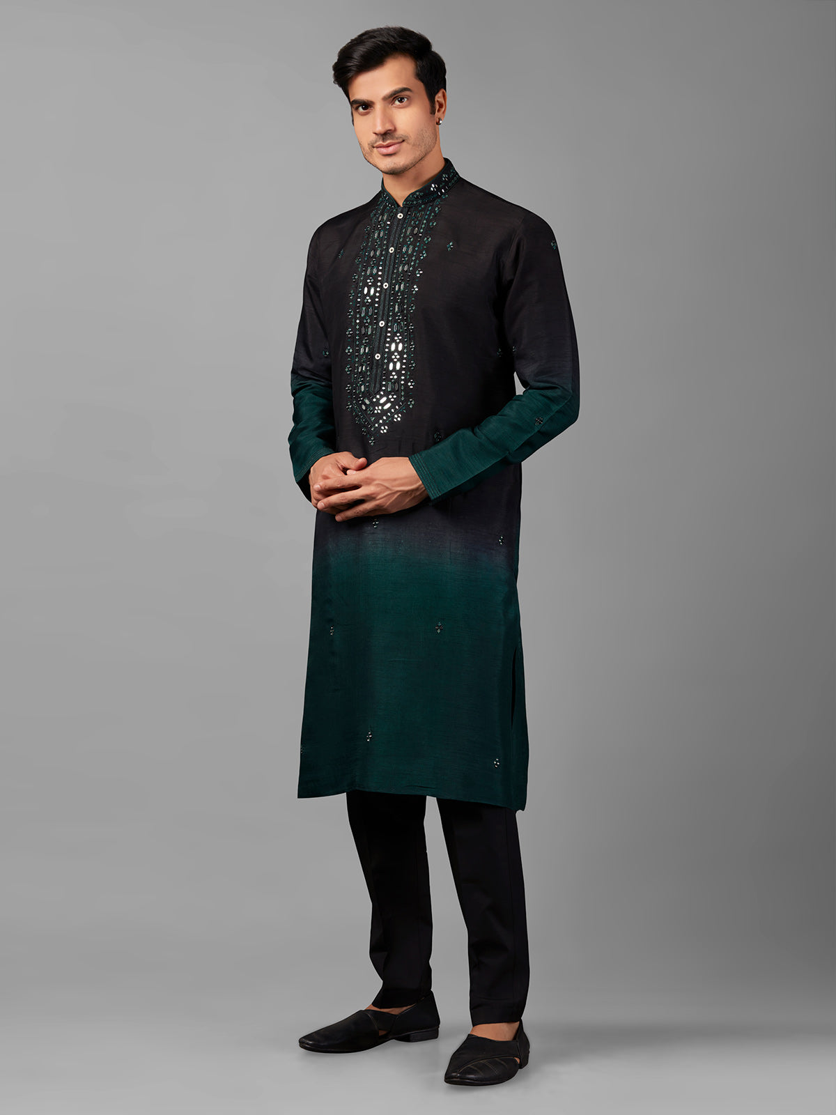 Black and rama blue shaded silk kurta suit