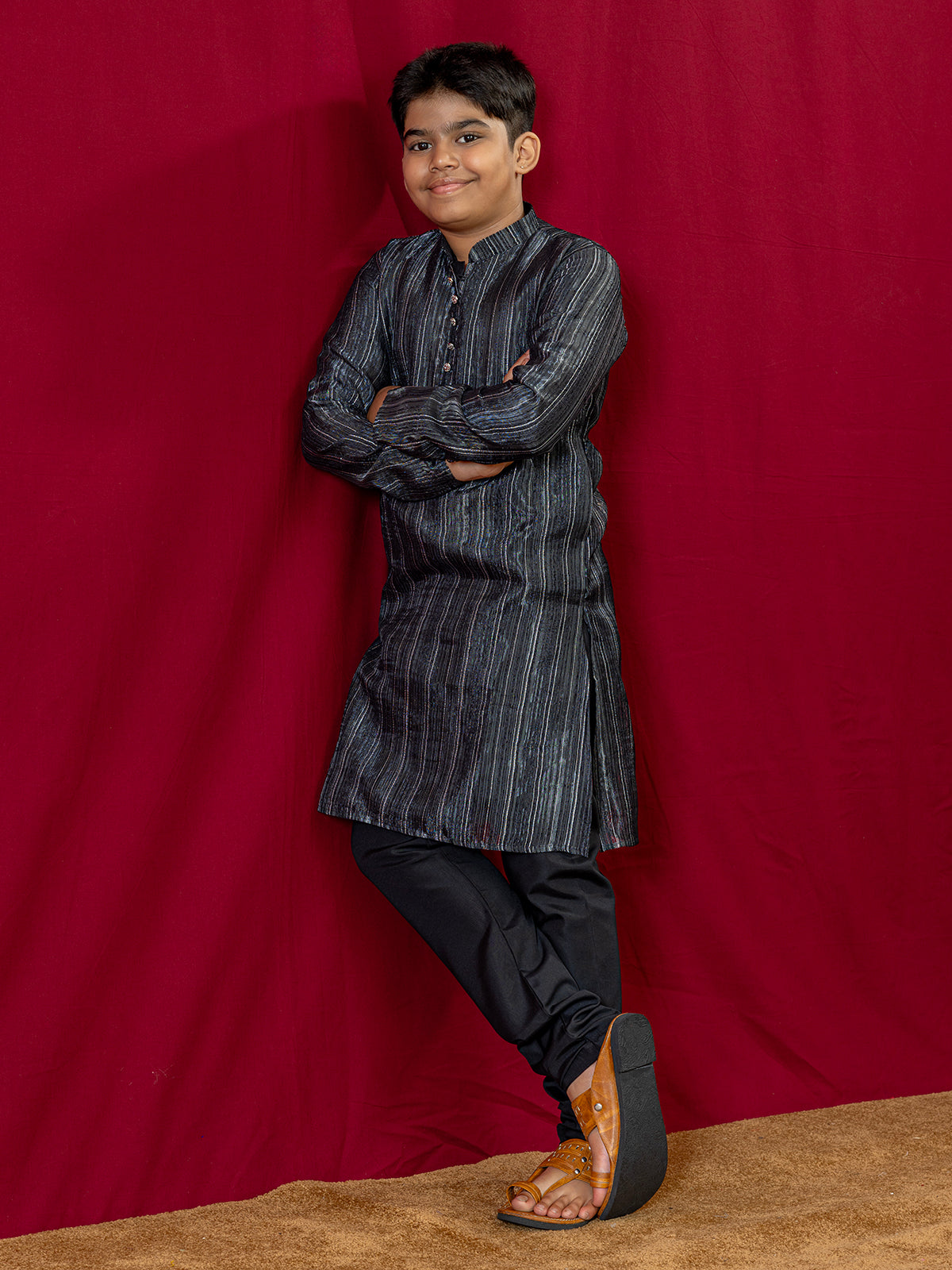 Black chiffon kurta suit for boys