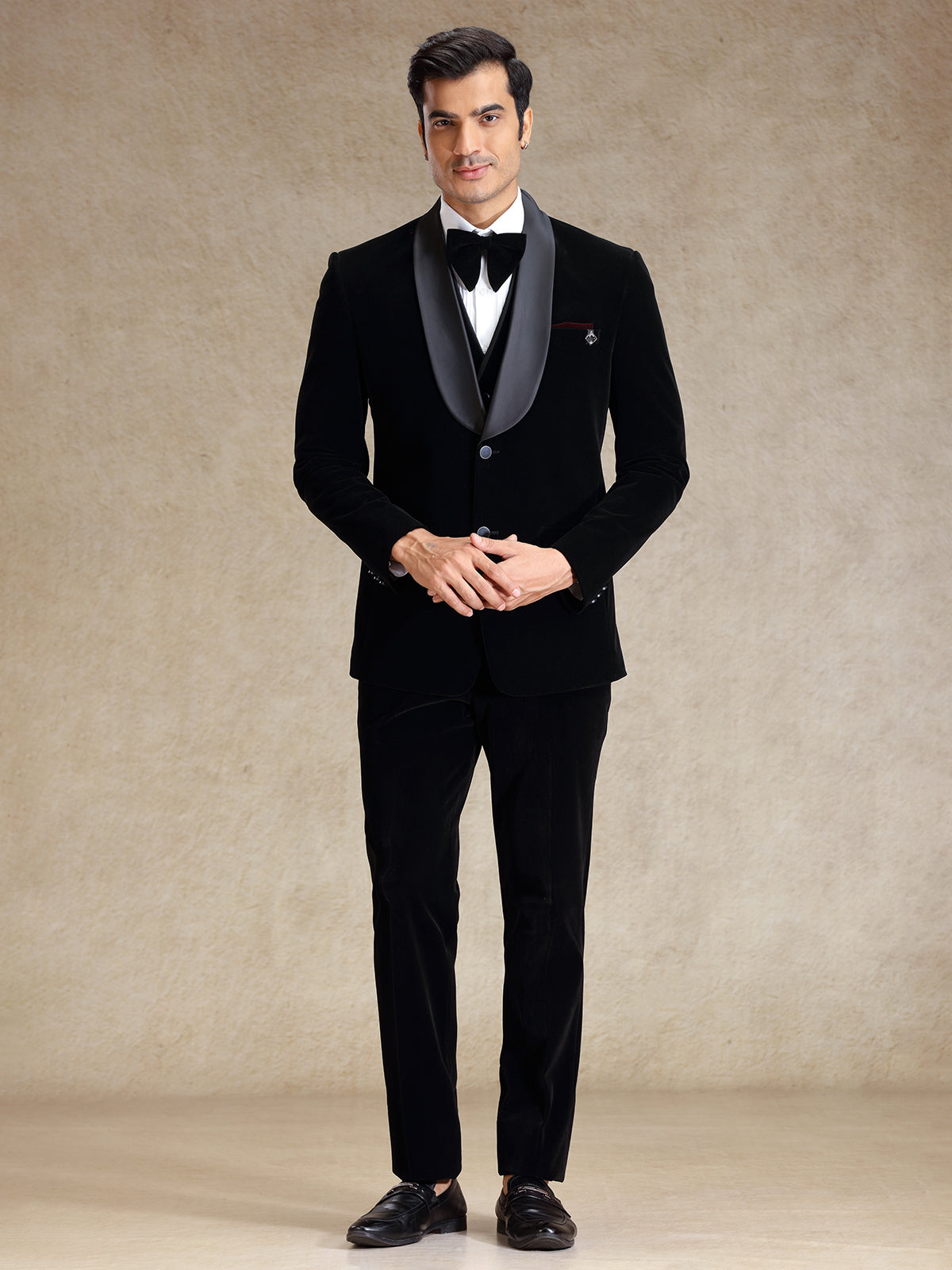Black cocktail party wear velvet tuxedo suit