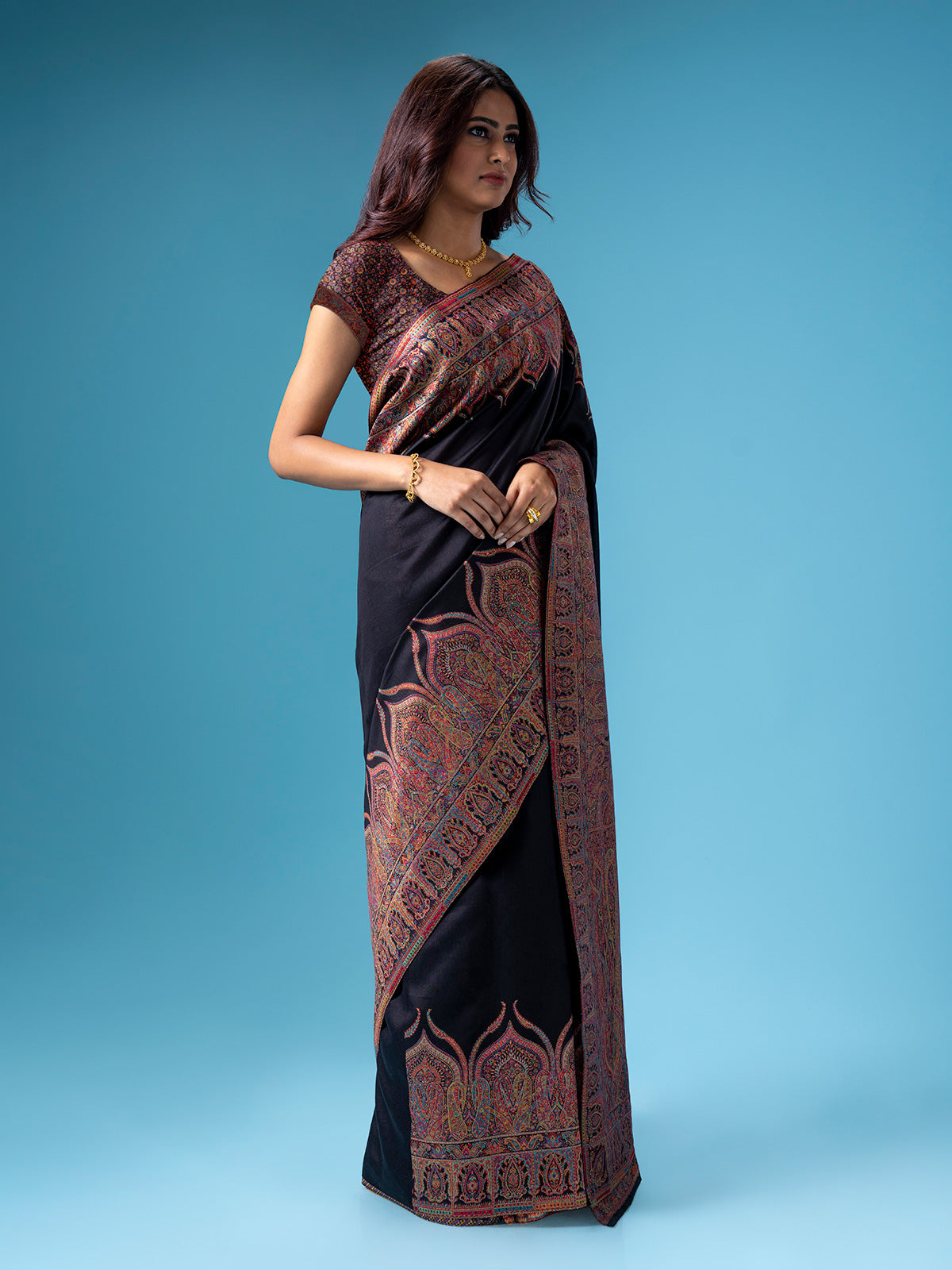 Black pashmina silk kashmiri weaving saree