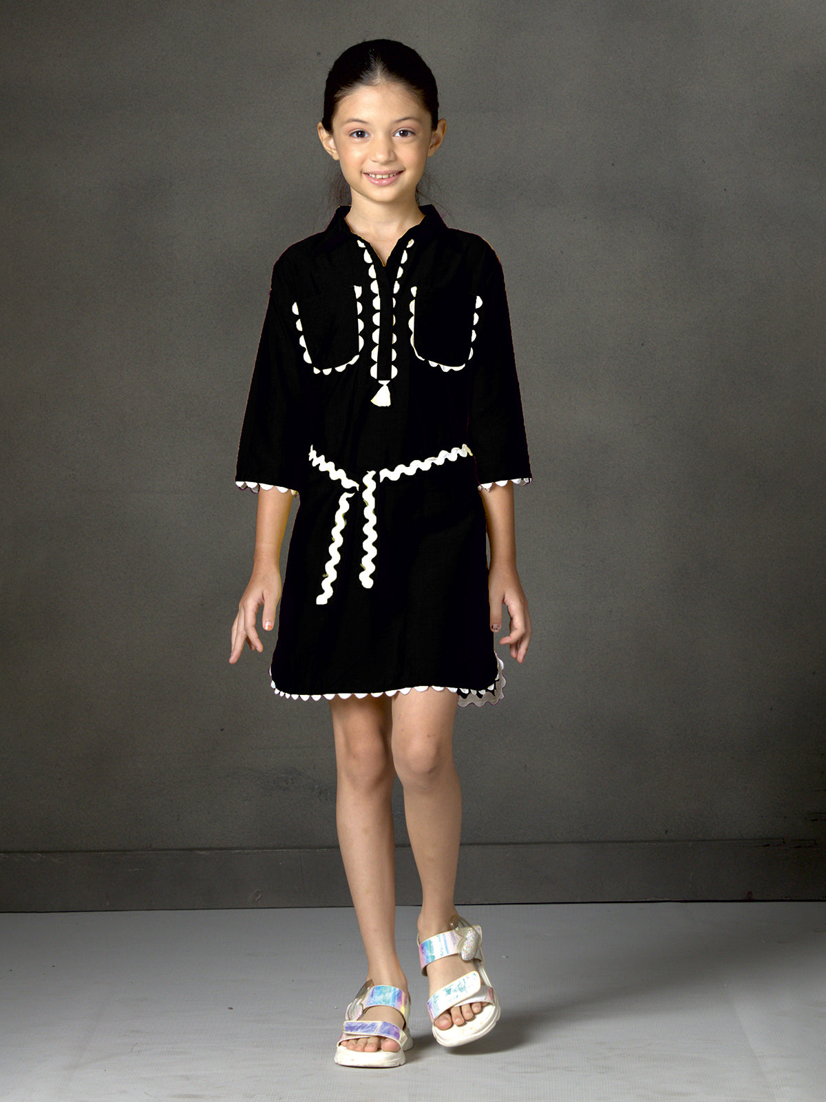 Black cotton silk mini dress with designer belt
