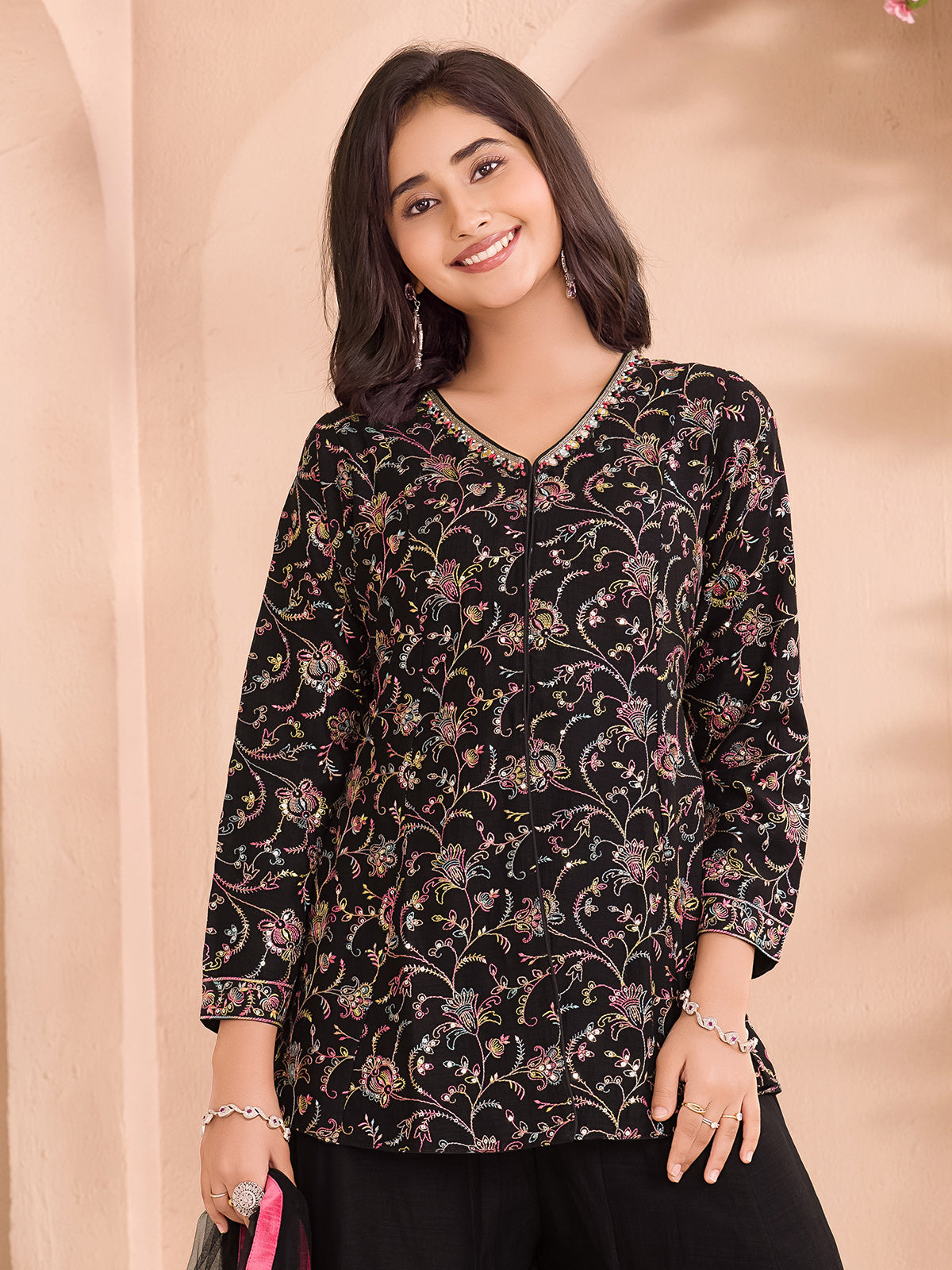 Black cotton silk mirror work palazzo salwar suit
