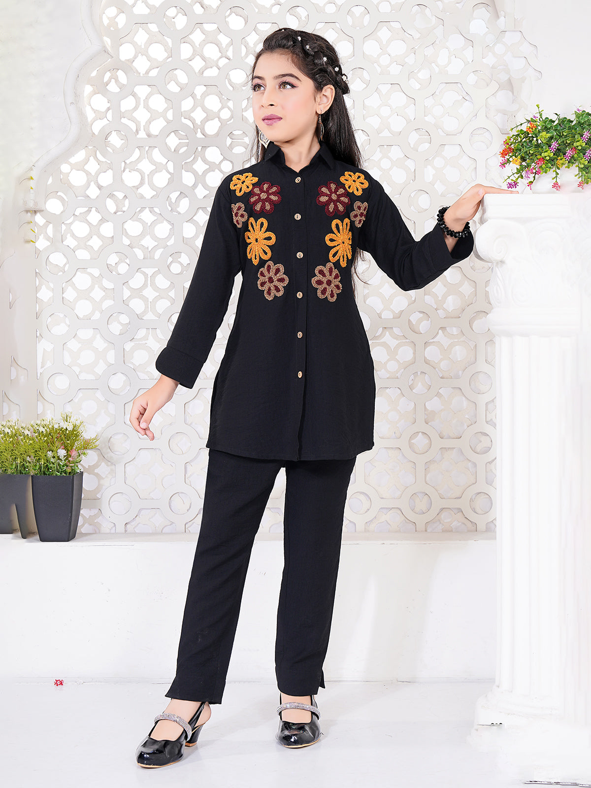 Black cotton tread work full sleeve co-ord set