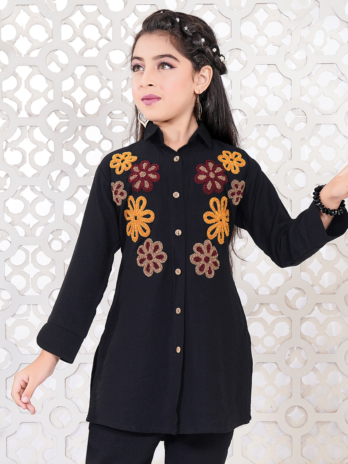 Black cotton tread work full sleeve co-ord set