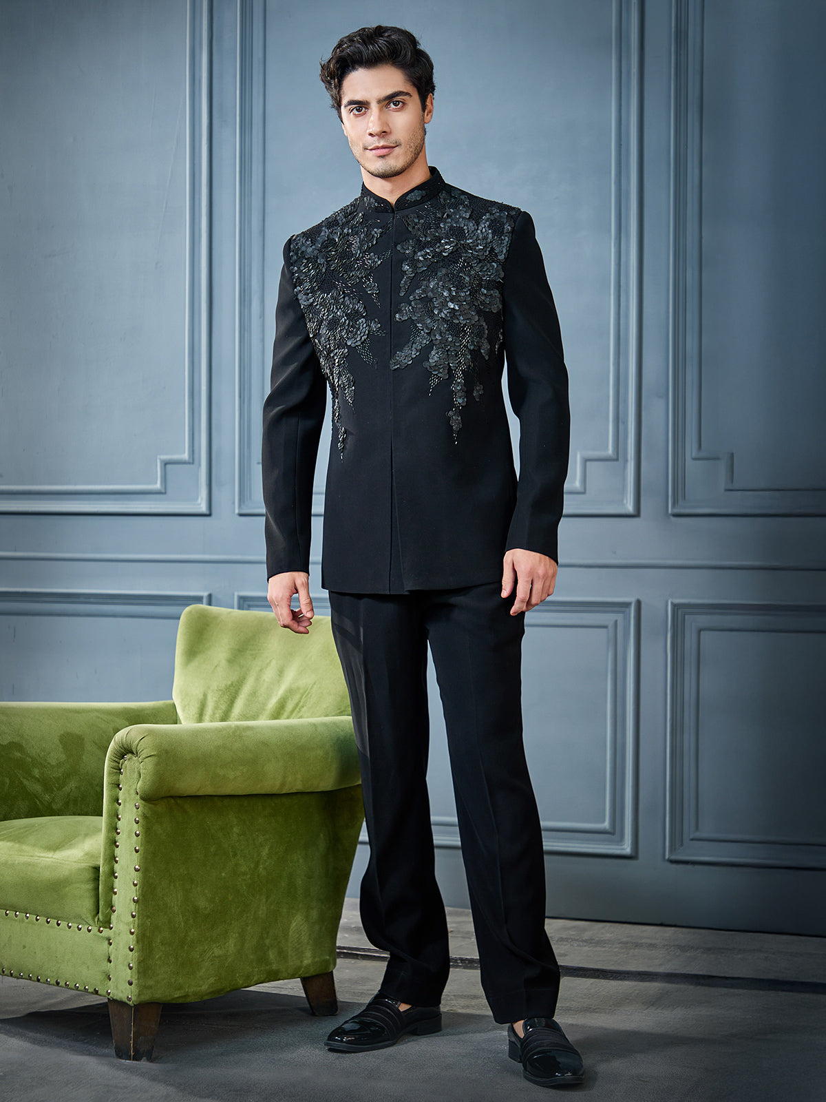 Black crystal embellished jodh puri suit