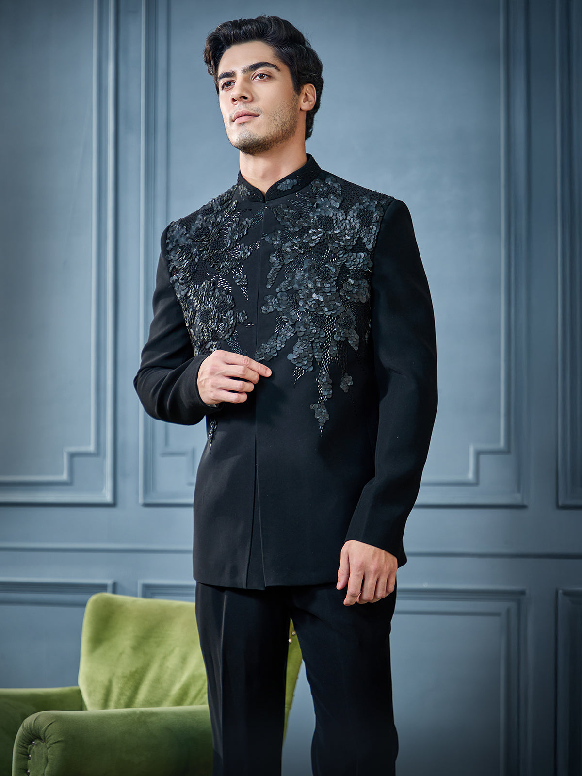 Black crystal embellished jodh puri suit