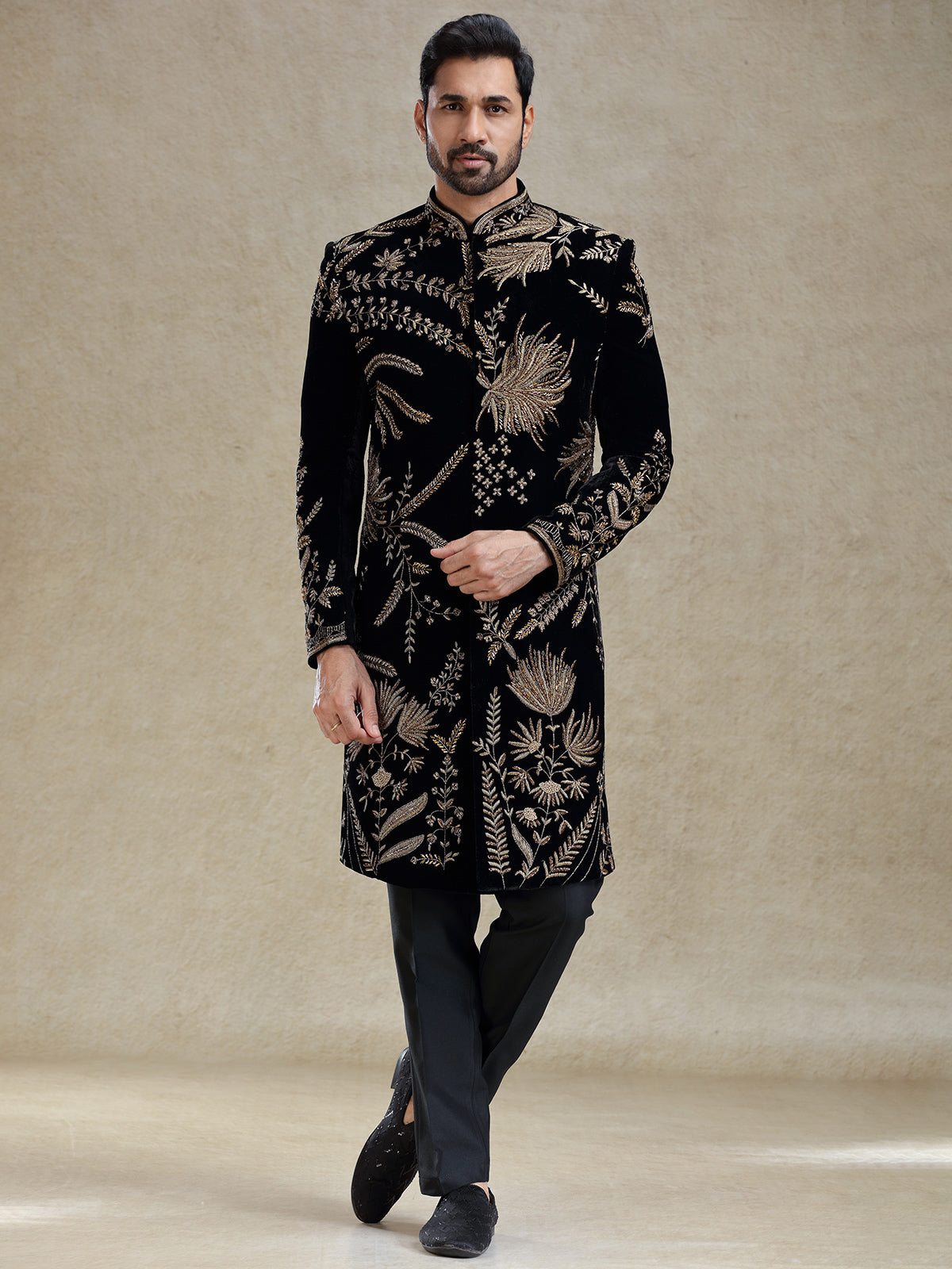Black golden zardosi worked velvet long sherwani for men