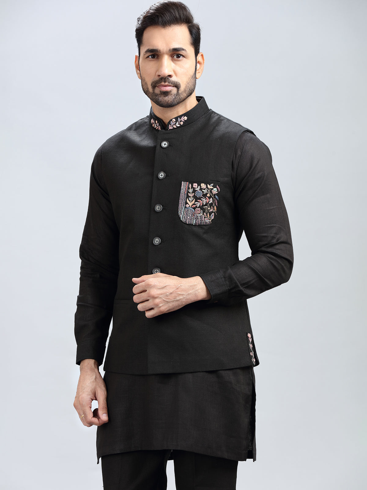 Black jacquard style waistcoat set for men