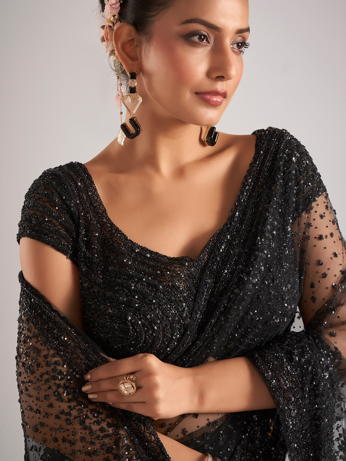 Black net saree with cutdana embellishments for women