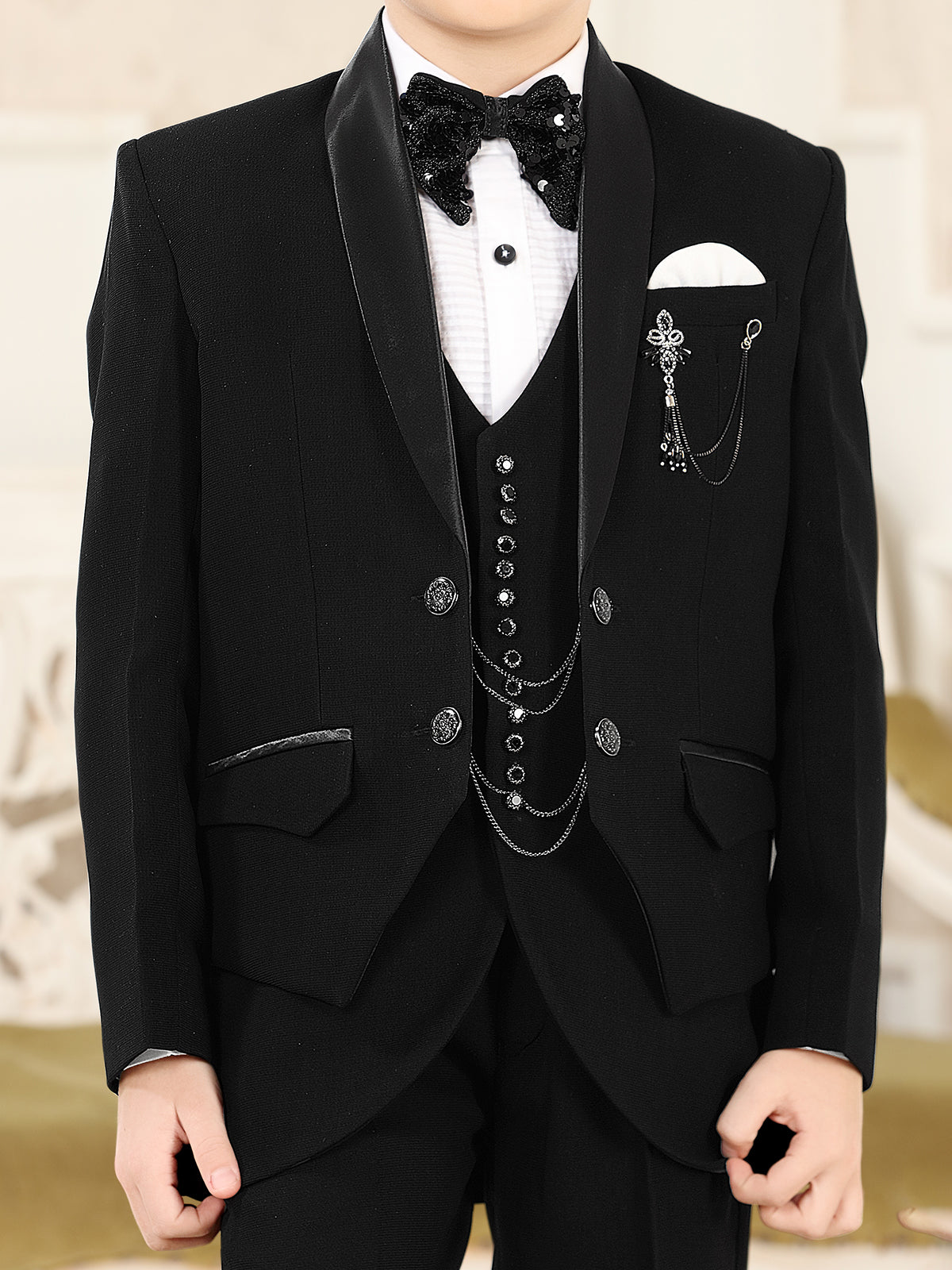 Black partywear terry rayon coat suit in shawl lapel collar