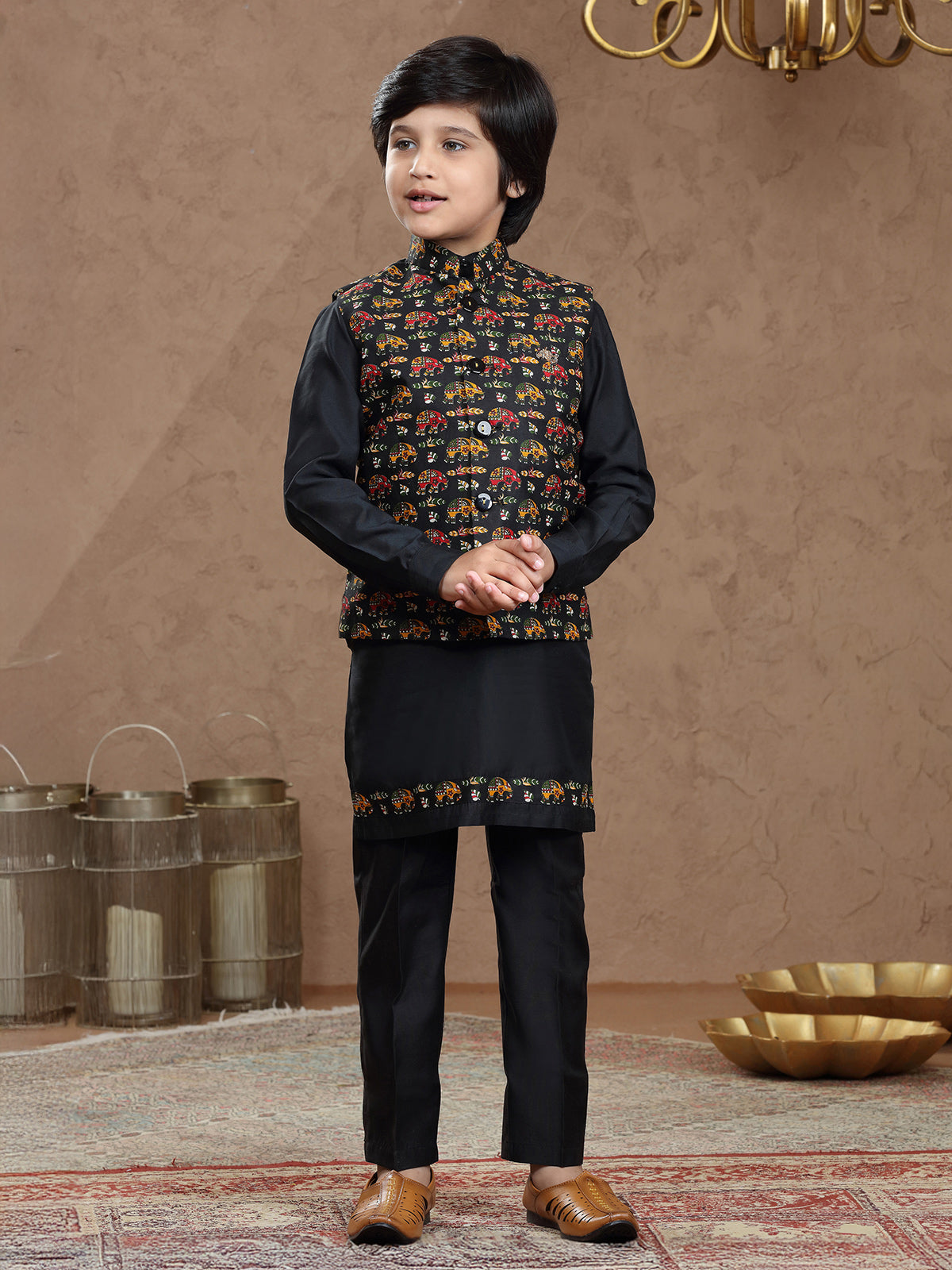 Black printed cotton silk waistcoat set for boys