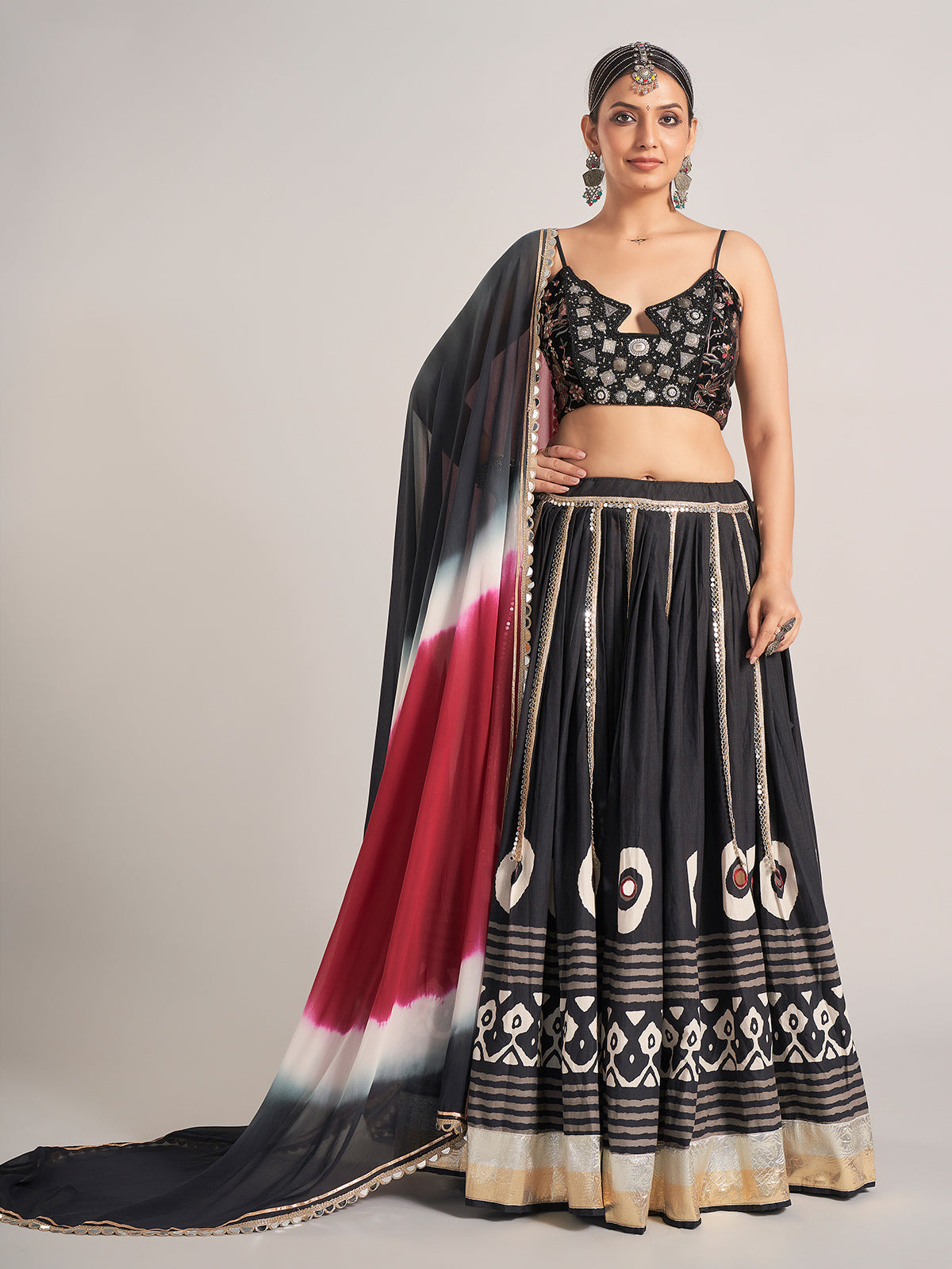 Black printed silk navratri wear chaniya choli
