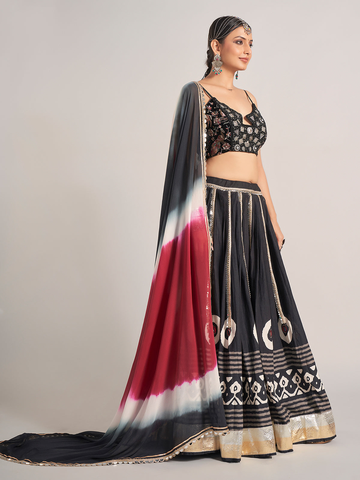 Black printed silk navratri wear chaniya choli