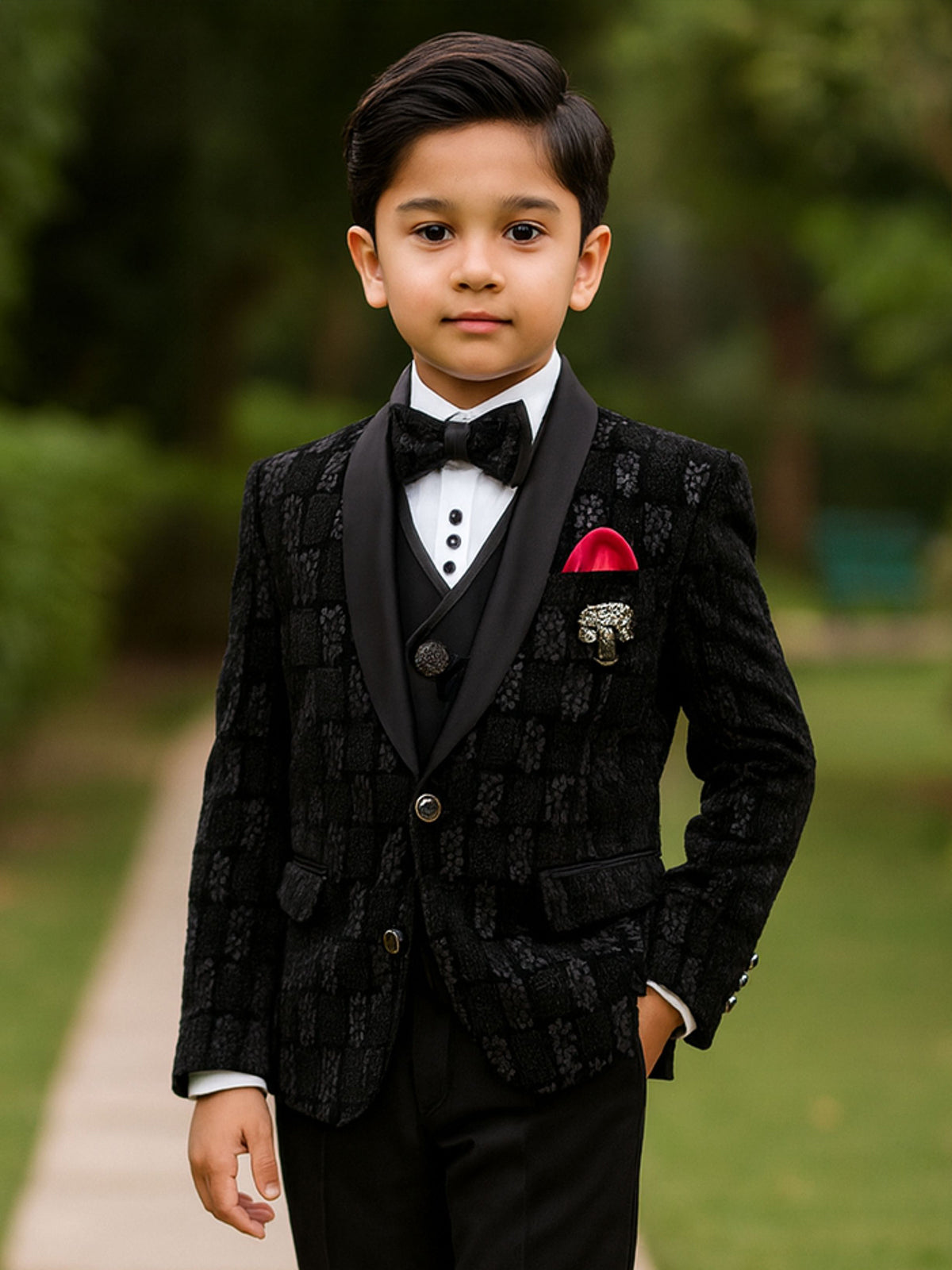 Black printed terry rayon coat suit for for boys