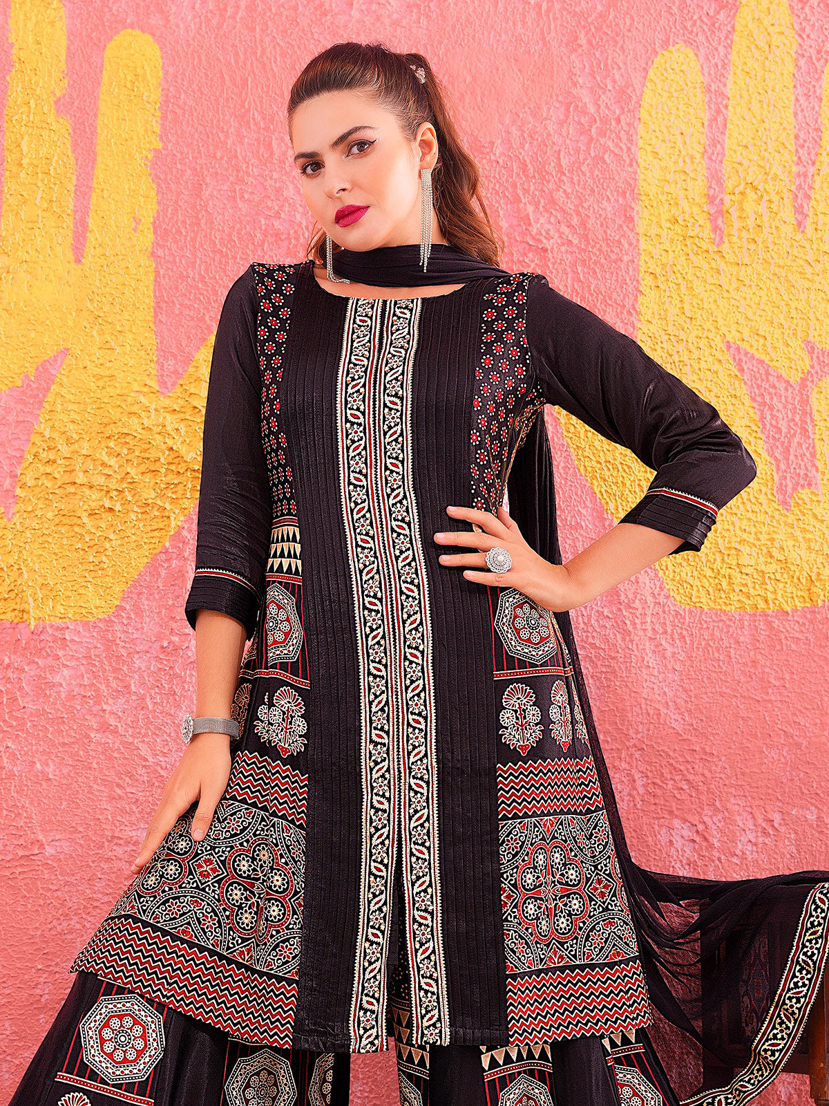 Black silk printed palazzo suit with elegant festive charm