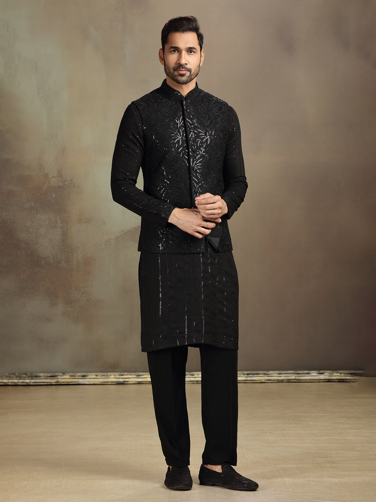 Black silk sequin waistcoat set for men