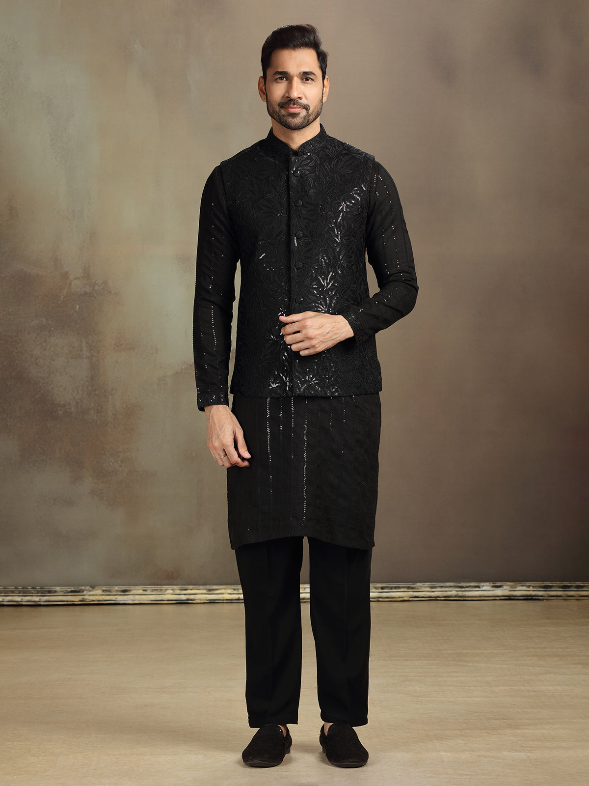 Black silk sequin waistcoat set for men