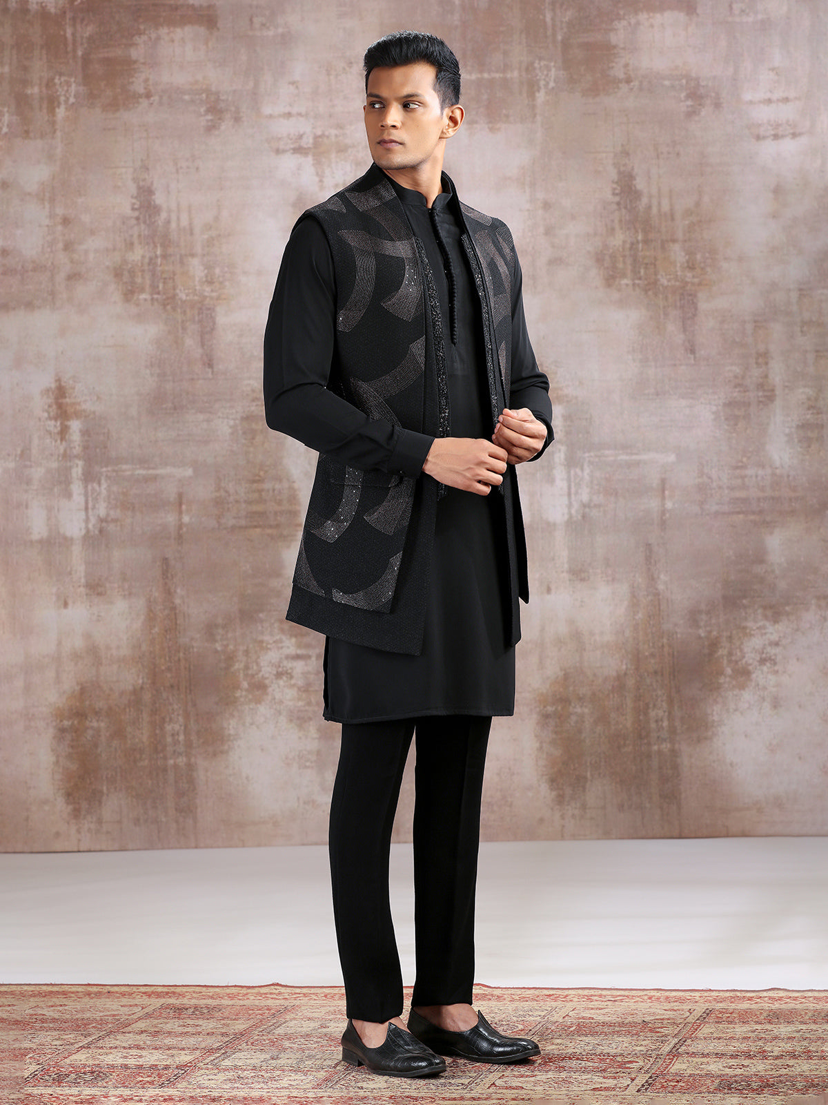 Black silk waistcoat set with resham work