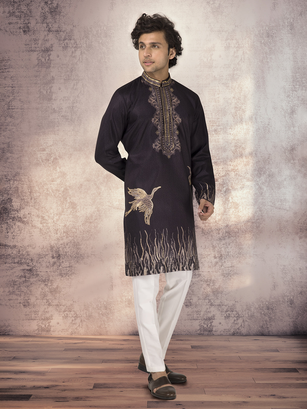 Black silk zari printed kurta suit for festive wear