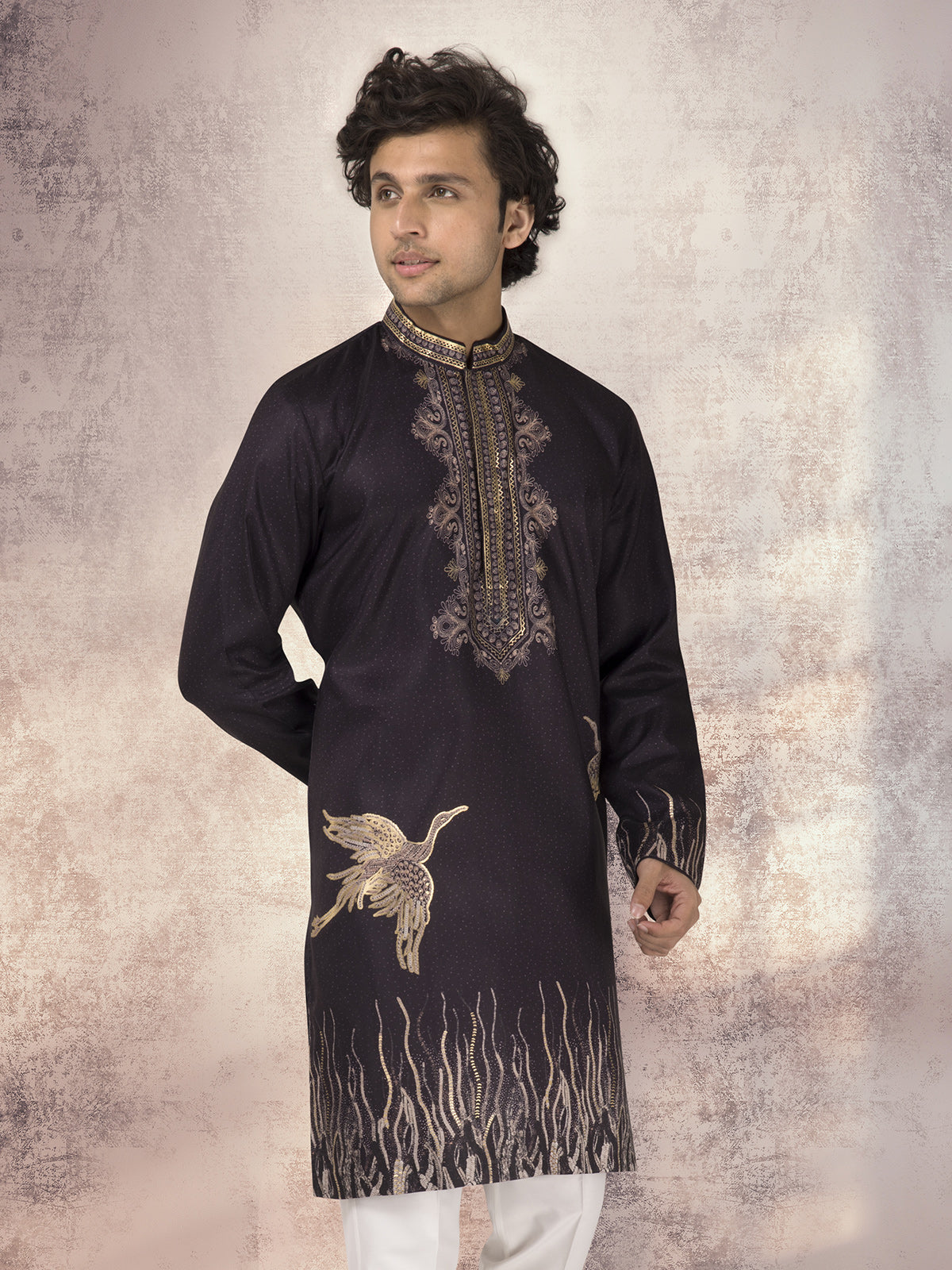 Black silk zari printed kurta suit for festive wear