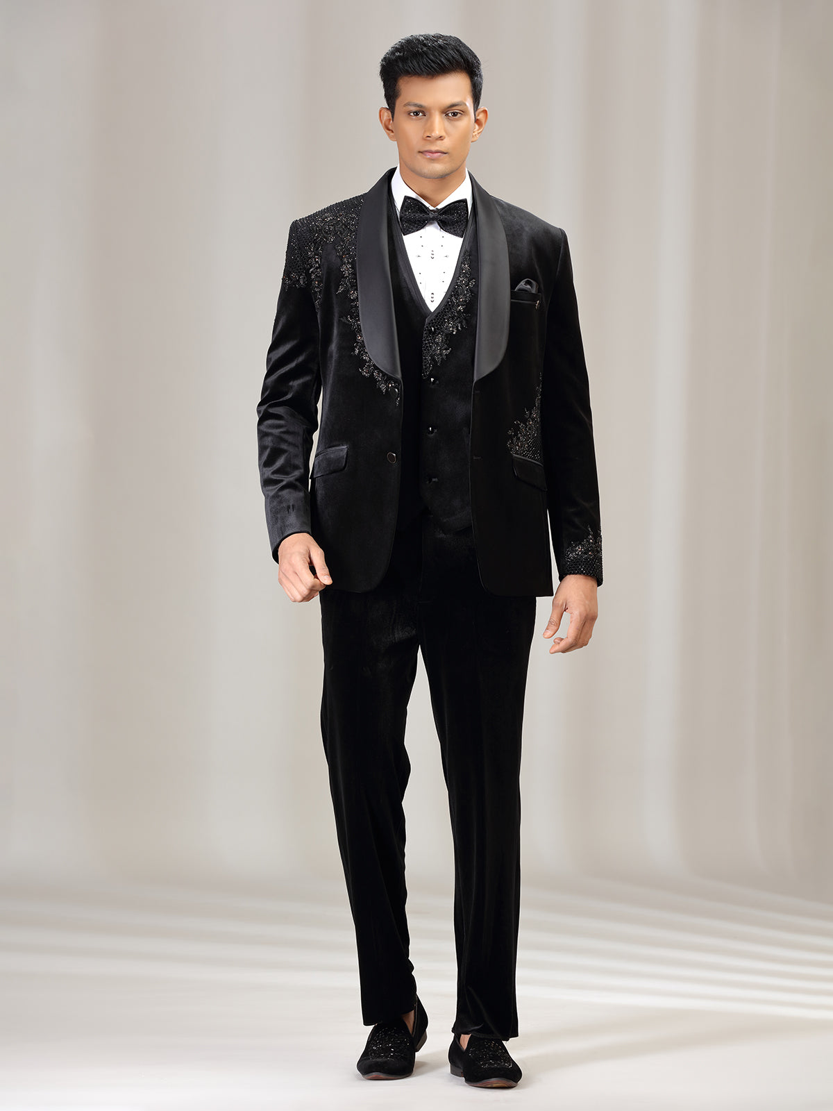 Black terry rayon coat suit for wedding with diamond work