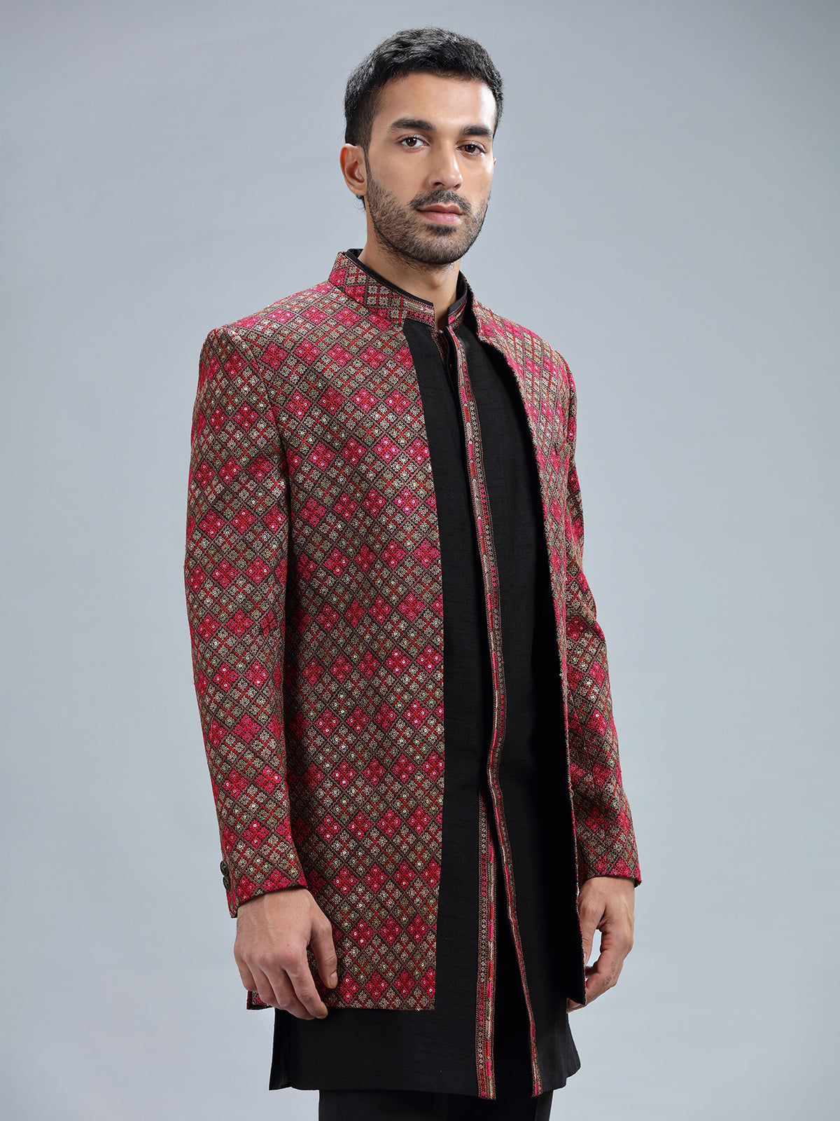 Black terry rayon embroidery indowestern for men