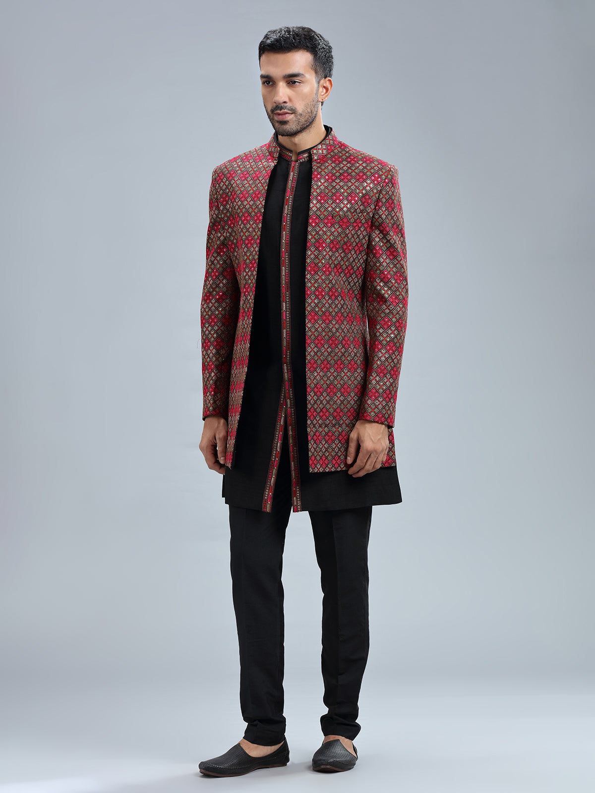 Black terry rayon embroidery indowestern for men