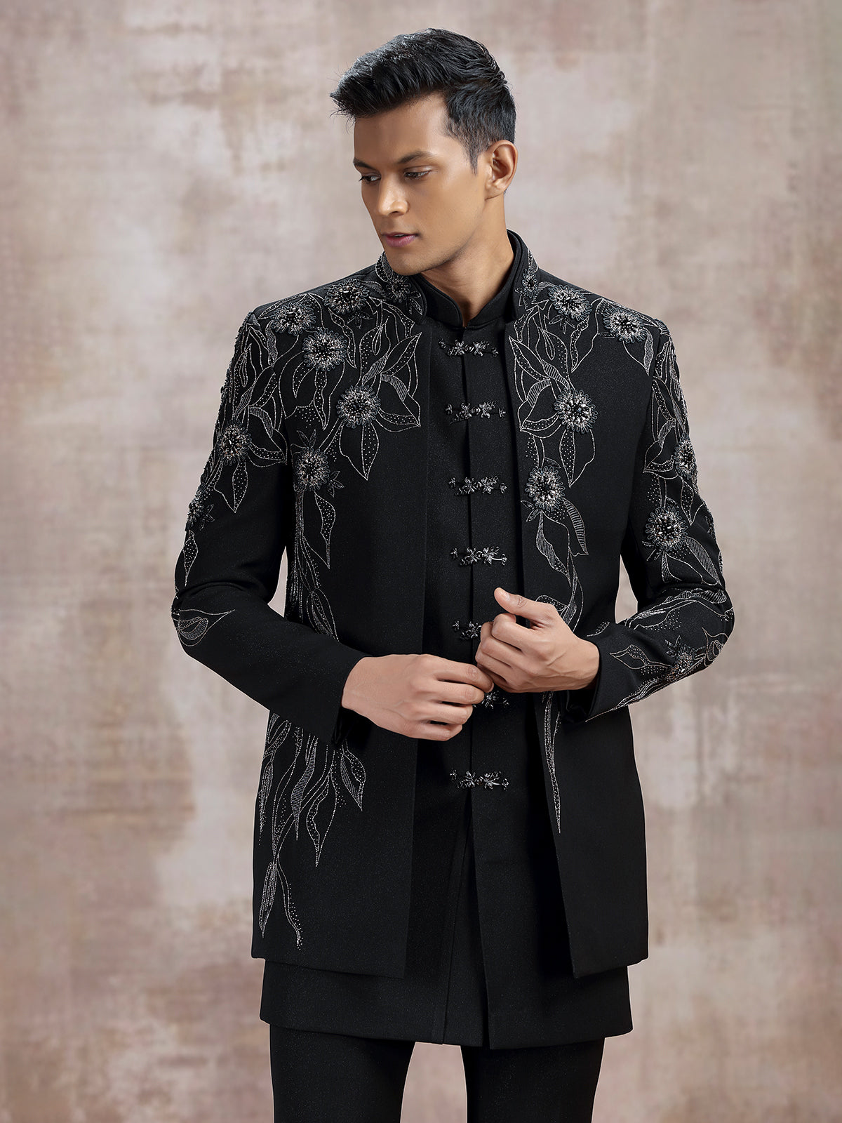 Black terry rayon indo western with cutdana work