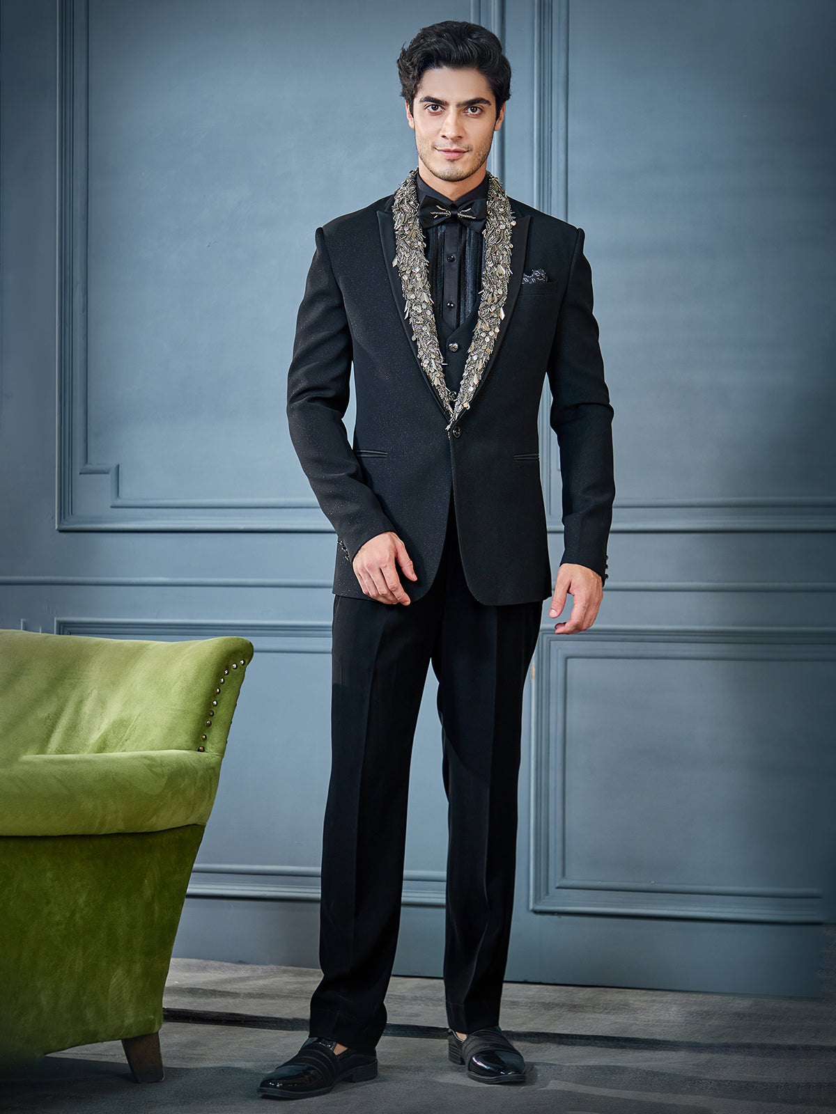 Black terry rayon zari weaved tuxedo suit