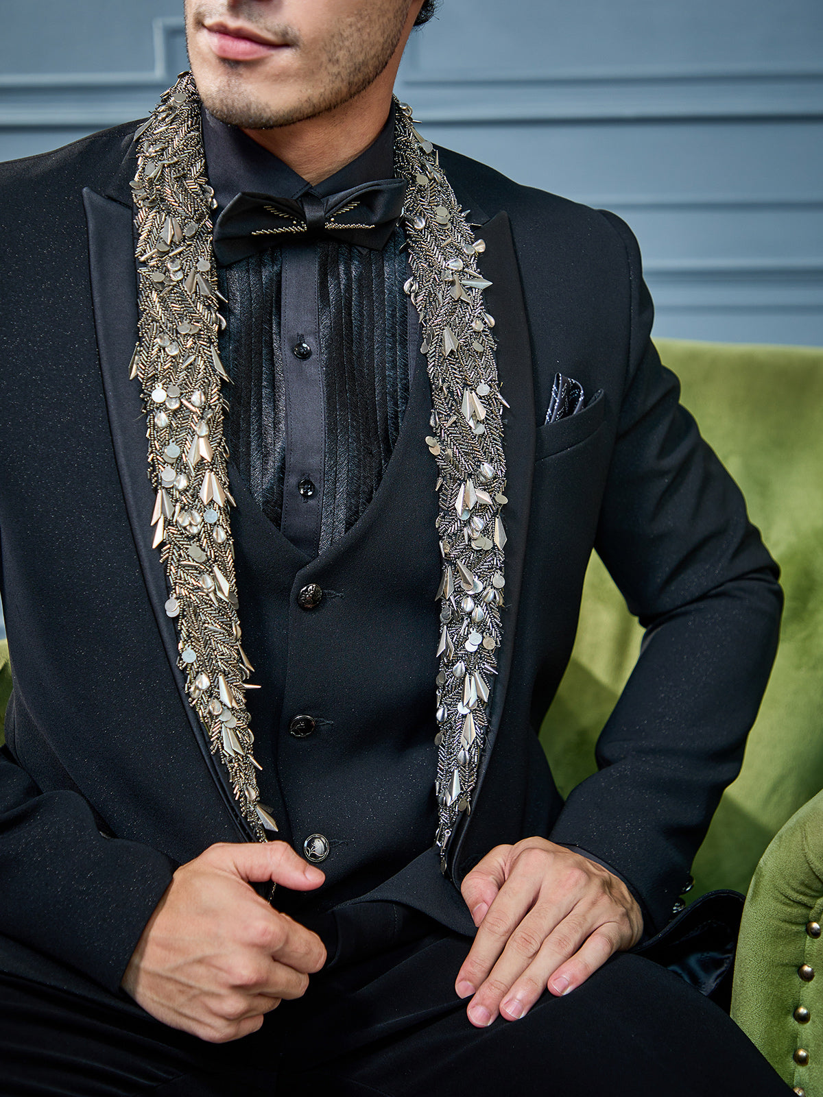 Black terry rayon zari weaved tuxedo suit