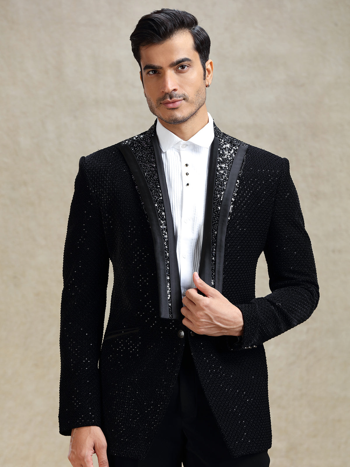 Black textured terry rayon coat suit for cocktail party