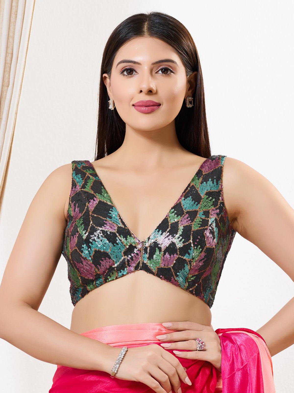 Black V neck sequins work blouse