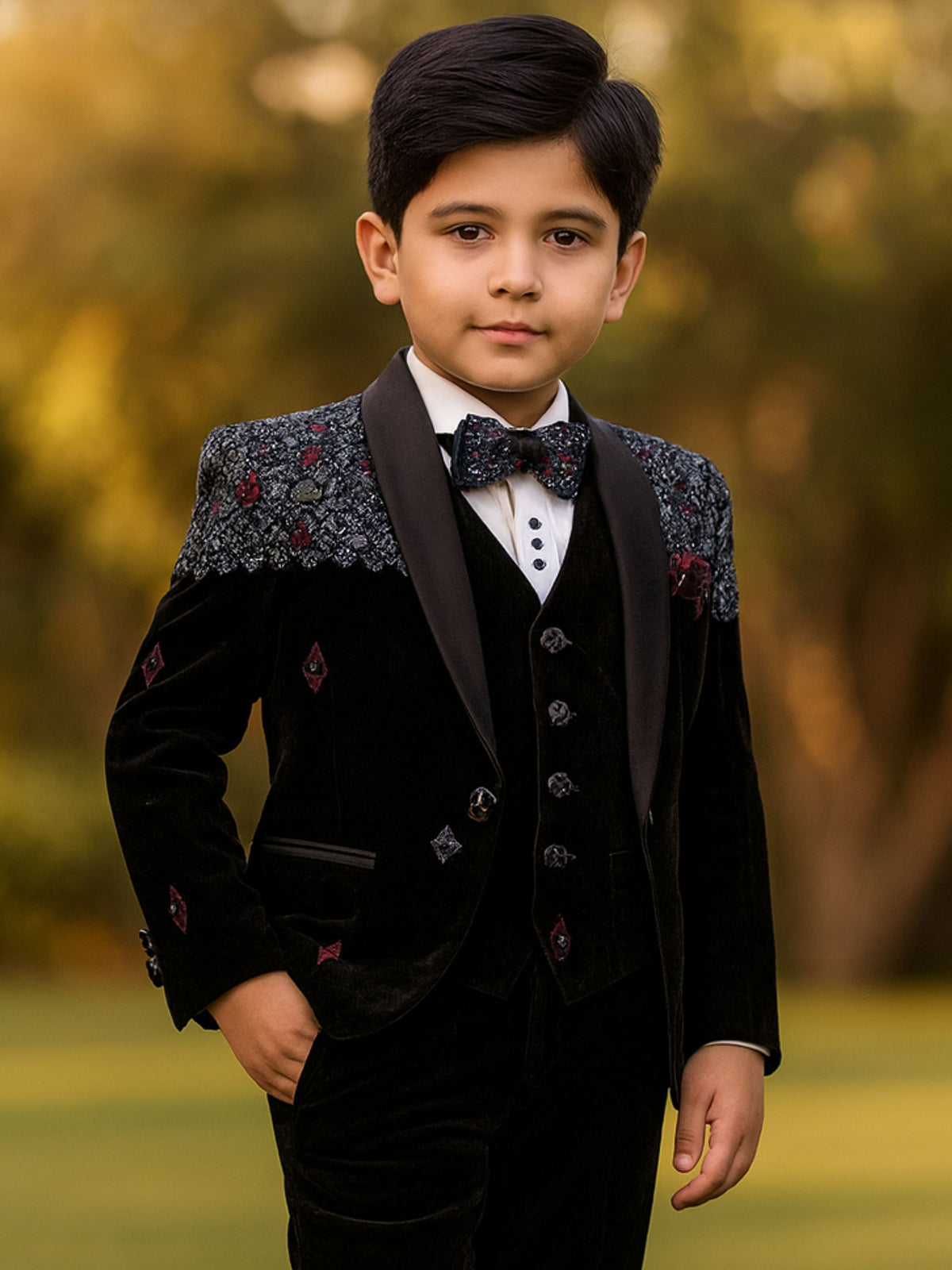 Black wedding wear coat suit in soft velvet