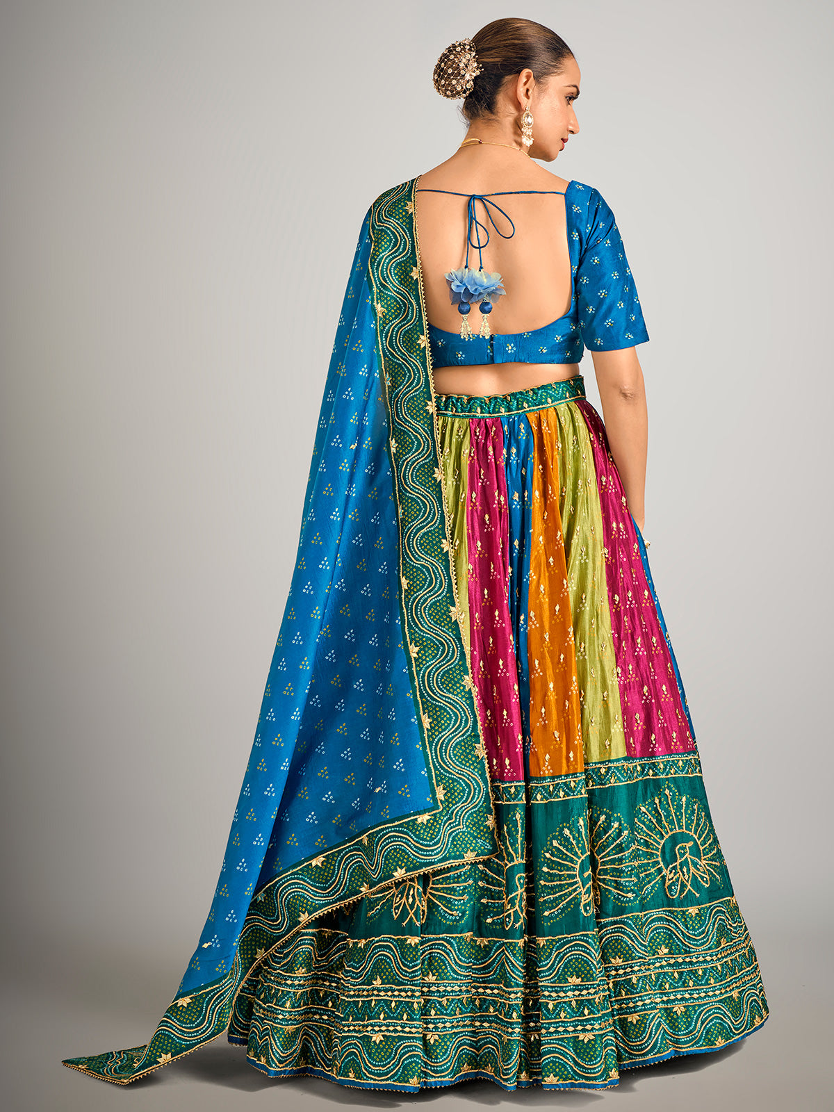 Blue bandhej print silk lehenga choli