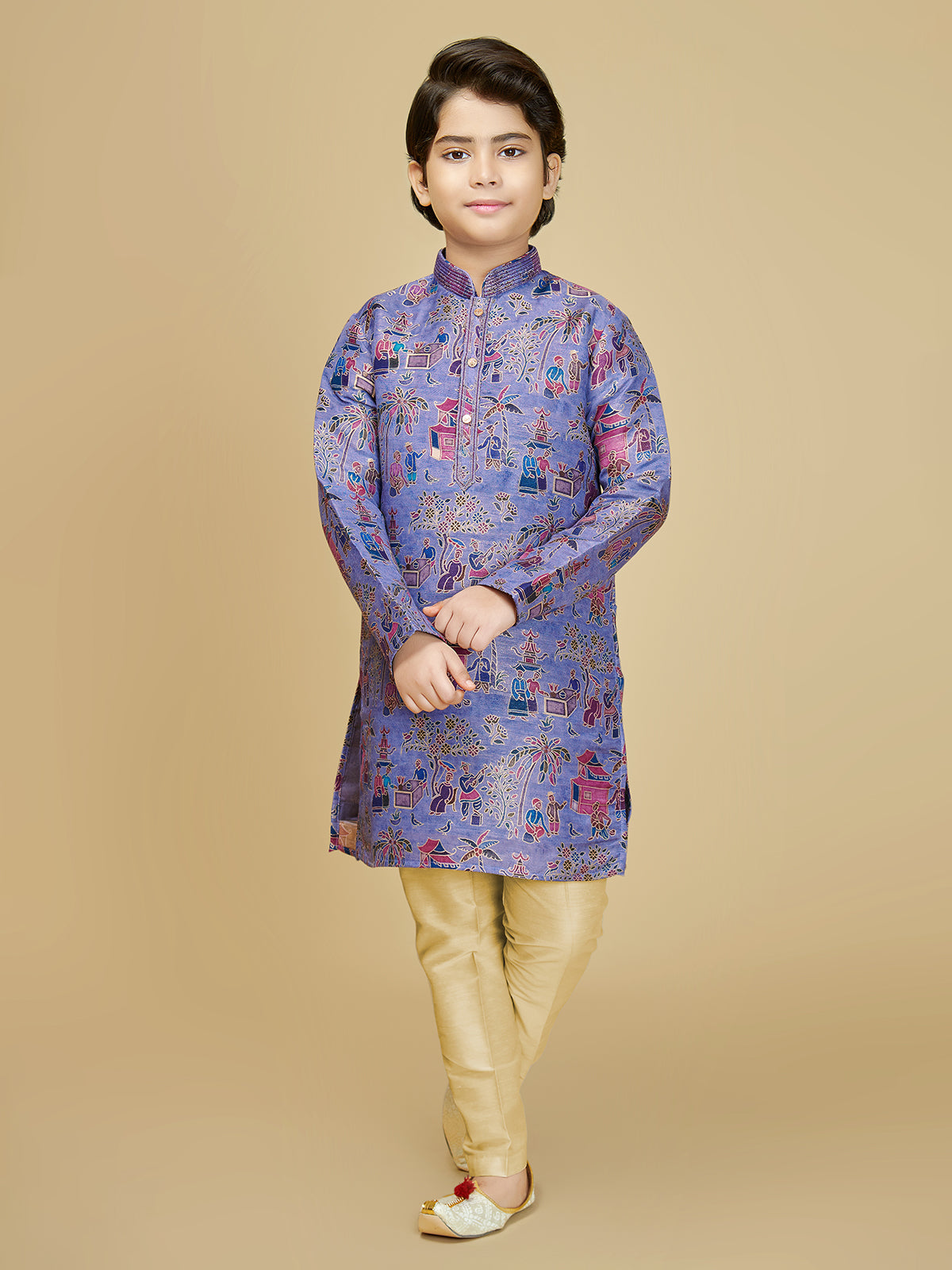 Blue cotton silk boys kurta suit with print