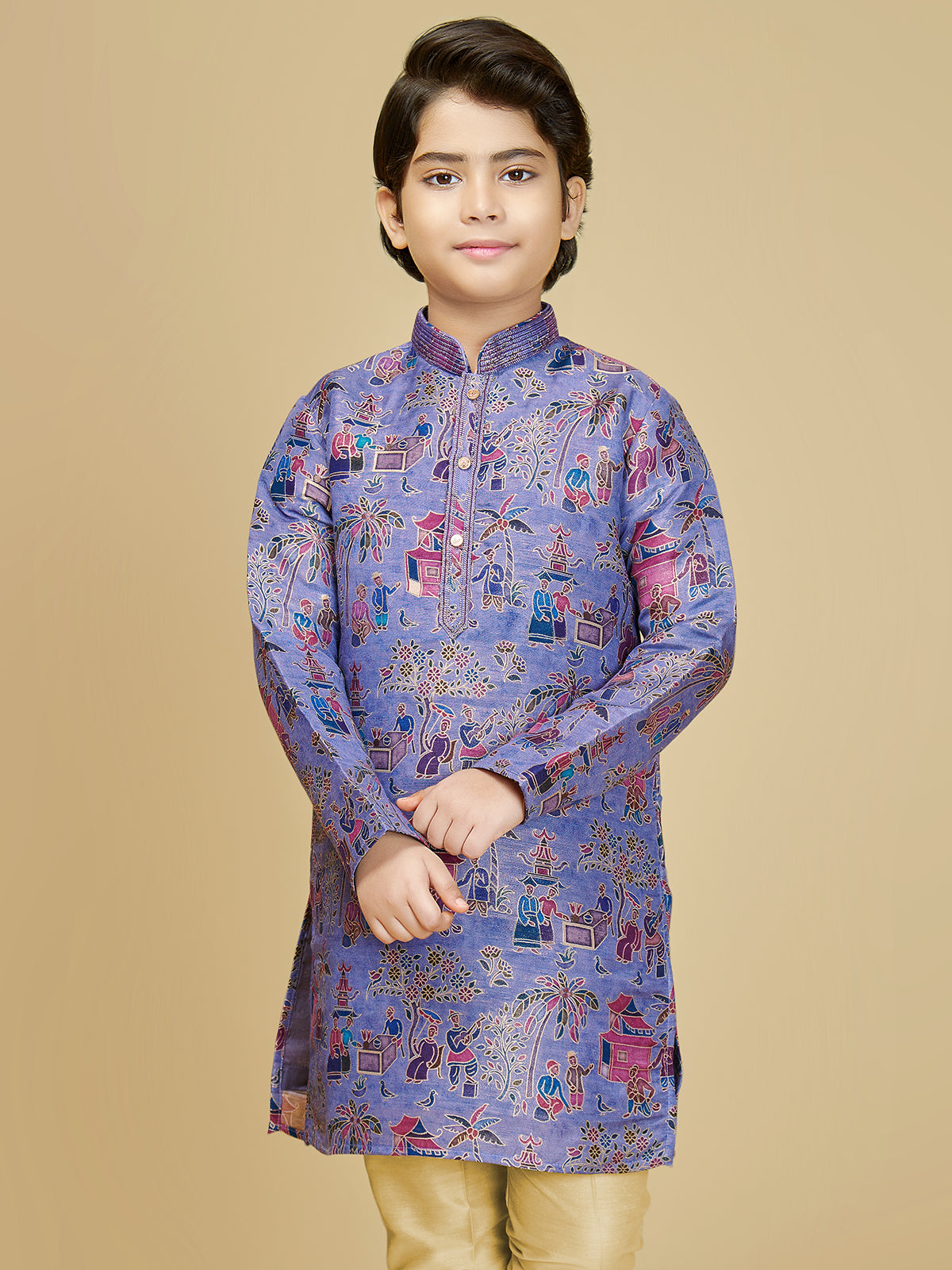 Blue cotton silk boys kurta suit with print
