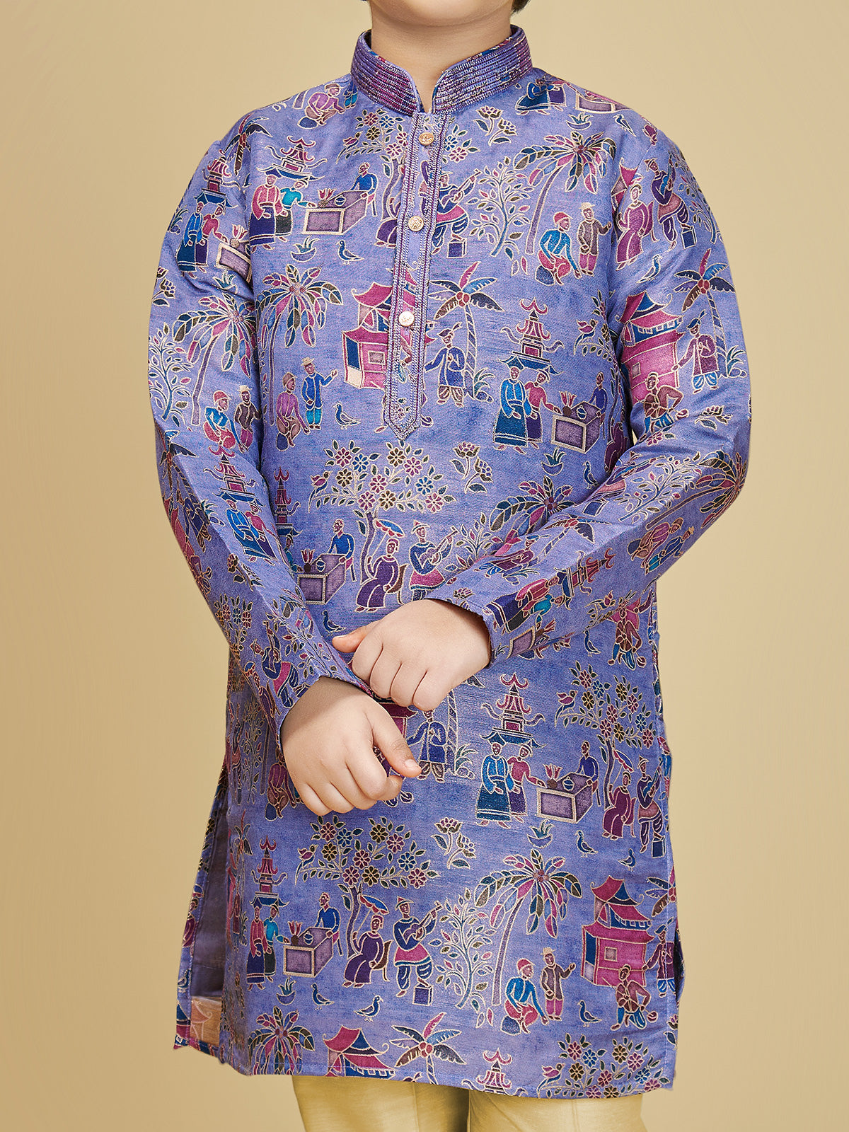 Blue cotton silk boys kurta suit with print