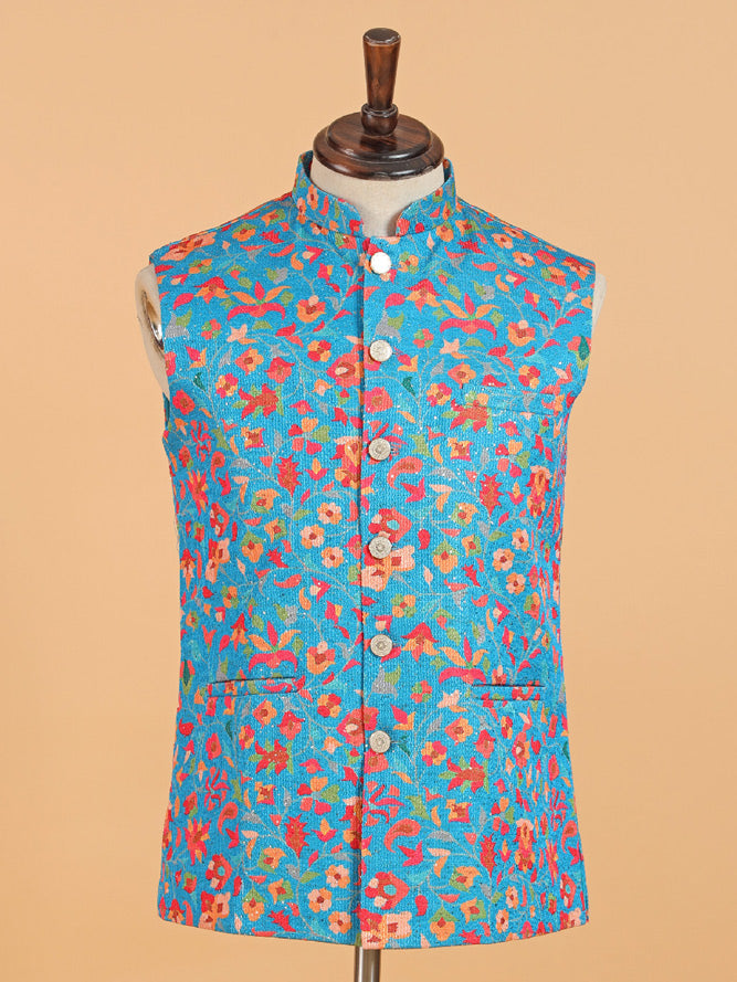 Blue cotton silk waistcot set for men