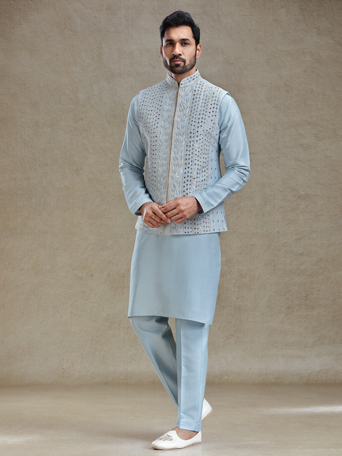 Blue linen silk mirror worked waistcoat set