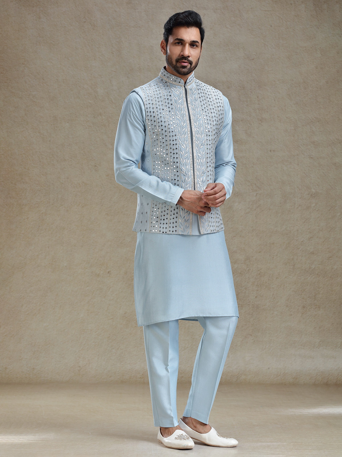 Blue linen silk mirror worked waistcoat set
