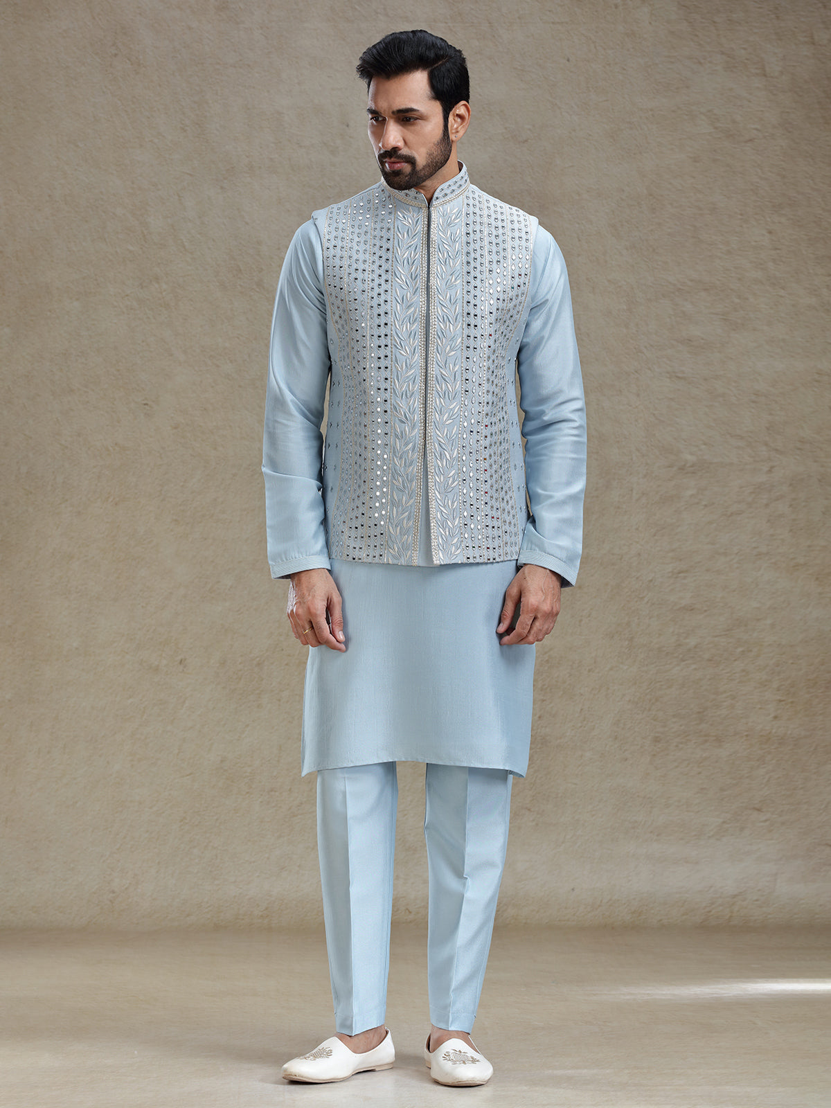Blue linen silk mirror worked waistcoat set